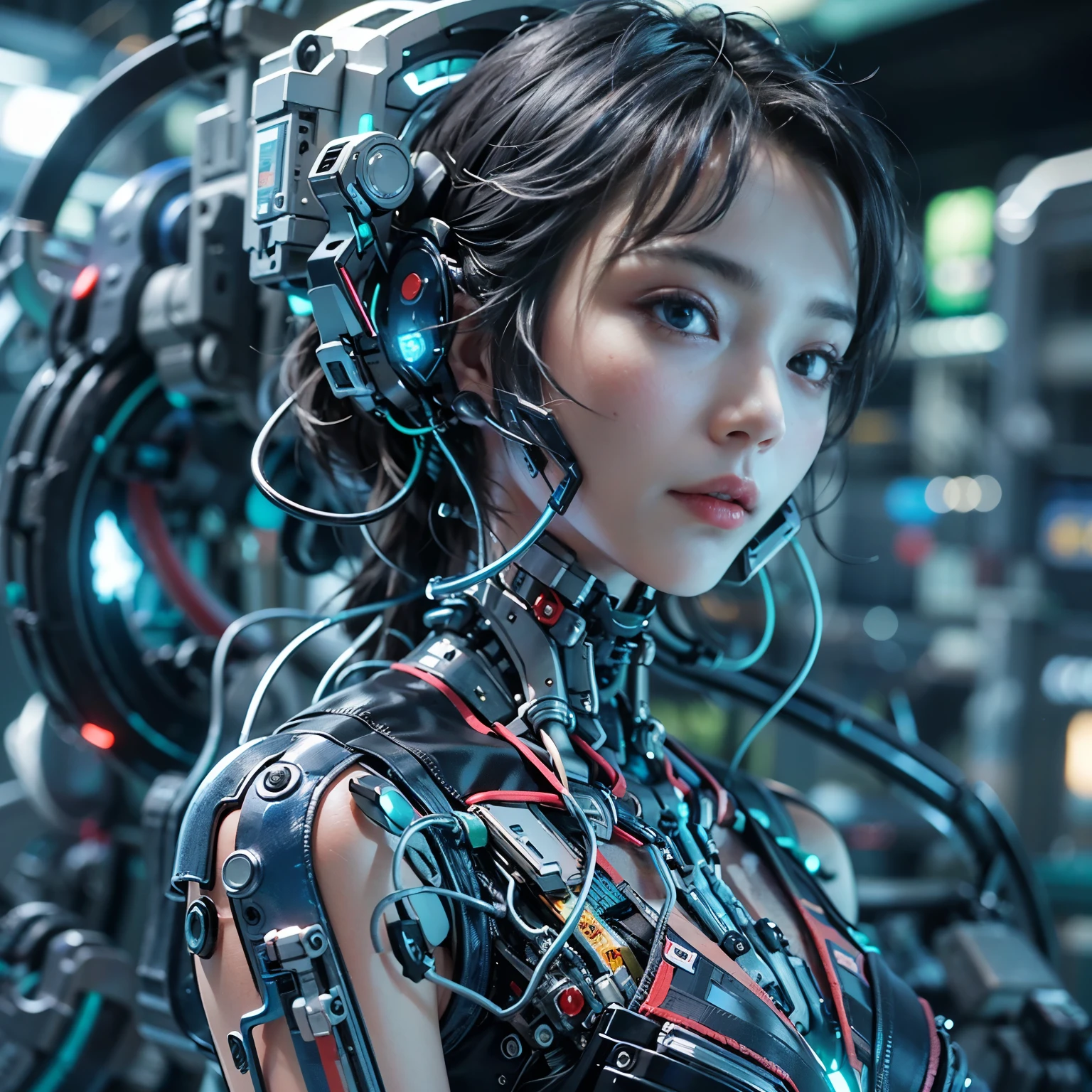 (best quality:1.2), 8k, highres, octan render, (masterpiece), extremely ultra detail, cyborgized Japanese woman, extremely ultra cute face, , skinny body, flat chest, (blue metallic mechanical frame:1.5), (Power cables connected throughout the body), detaile up, Instead of hair, there are cables growing out of it, mechanical fusion, mechanical skeleton, bio mechanics, mechanical life-form, highly intricate detail, extremely ultra real texture, human-like skin, realistic hair, ultra realistic details, professional lighting, (realistic:1.4), (RAW photo:1.2), (photorealistic:1.5)