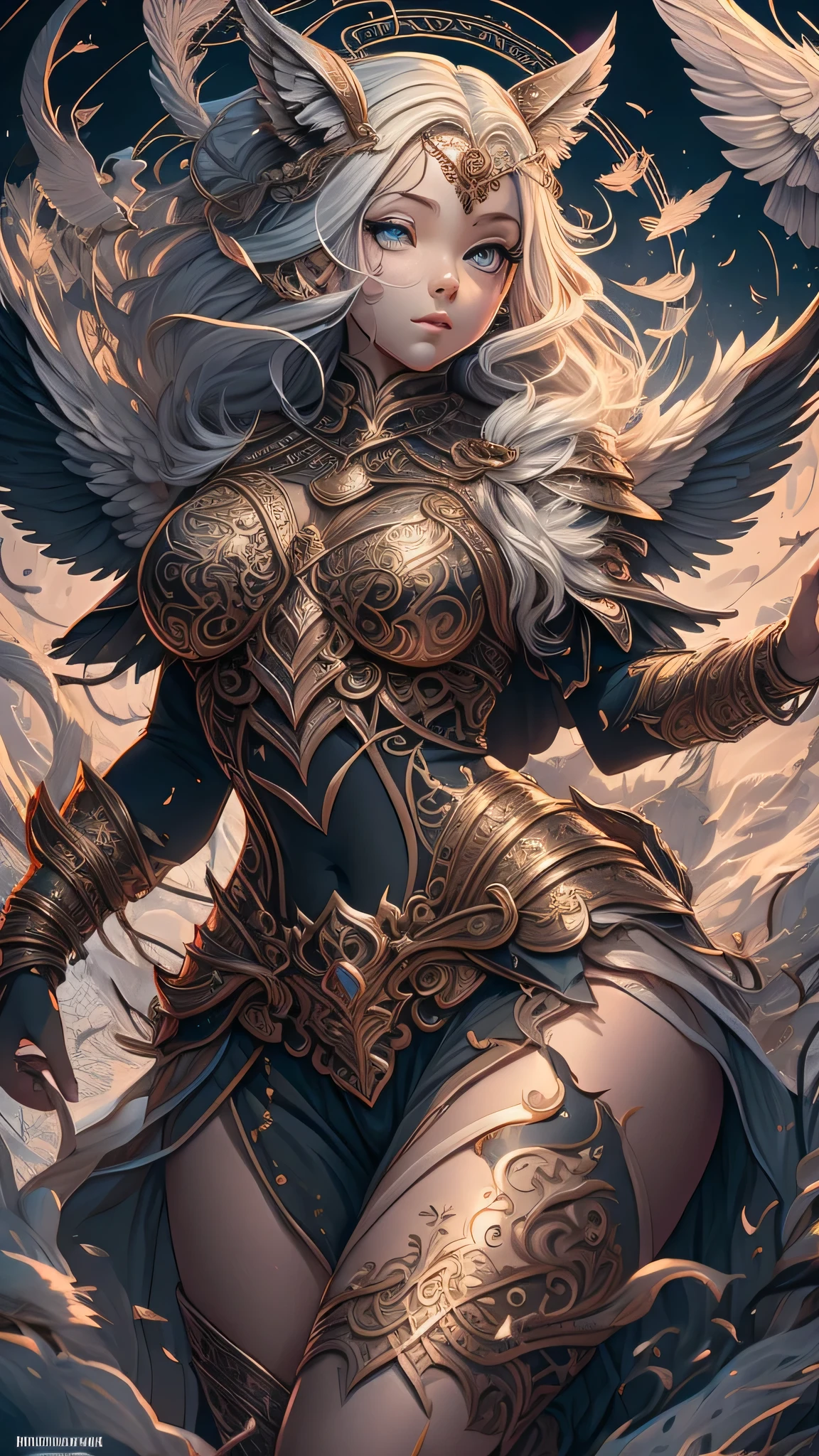 Lenneth from 'Valkyrie profile', BREAK: bright_gold_trimmed_sapphire_blue_plate mech4rmor, (boob window in armor), thigh cutout, long skirt, BREAK: standing, contrapposto stance, light smile, castle ruins, fluffy snow falls, BREAK: intricately detailed eyes, detailed face, detailed hands, cinematic lighting, moody atmosphere, (16k, absurdres, masterpiece, best quality), wings
