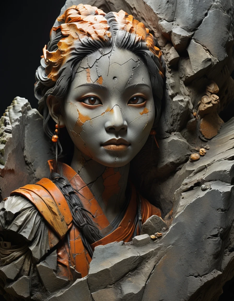 digital art of A stone carving of a Chinese girl's head, ancient rhyme in four colors (black, orange, brown and gray), mottled and plain, rough outside and fine inside, dirty and clean inside, carved inside, damaged rock, shabby, irregular, spliced stone, rock background, rock statue, by Li Mei-shu, beautiful depiction, mysterious ceramic statue, centered portrait,,Matte Painting,Rock Art,Assemblage ,Figurine,Hardstone Carving,Puppet,Sculpture,Unreal engine,octane render,rendered in octane,Close-Up(CU),medium close up,