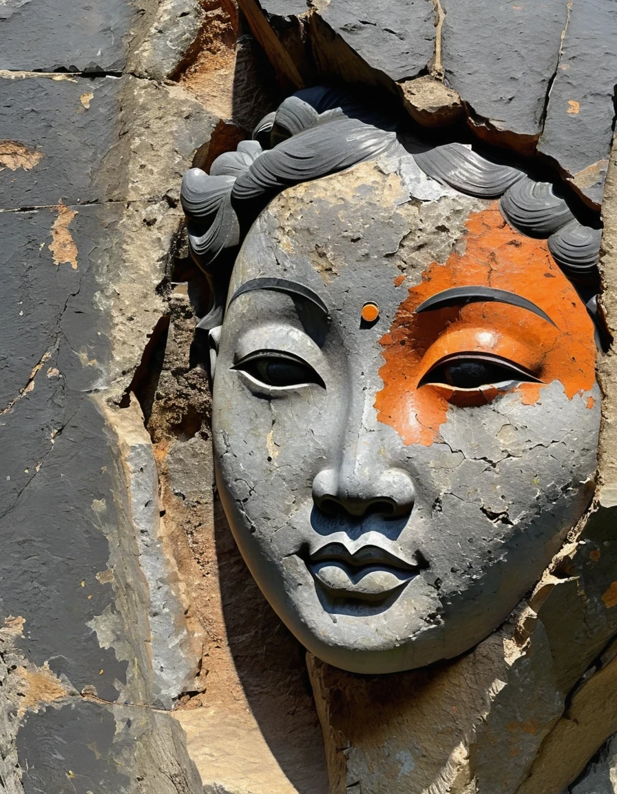 digital art of A stone carving of a Chinese girl's head, ancient rhyme in four colors (black, orange, brown and gray), mottled and plain, rough outside and fine inside, dirty and clean inside, carved inside, damaged rock, shabby, irregular, spliced stone, rock background, rock statue, by Li Mei-shu, beautiful depiction, mysterious ceramic statue, centered portrait,,Matte Painting,Rock Art,Assemblage ,Figurine,Hardstone Carving,Puppet,Sculpture,Unreal engine,octane render,rendered in octane,Close-Up(CU),medium close up,