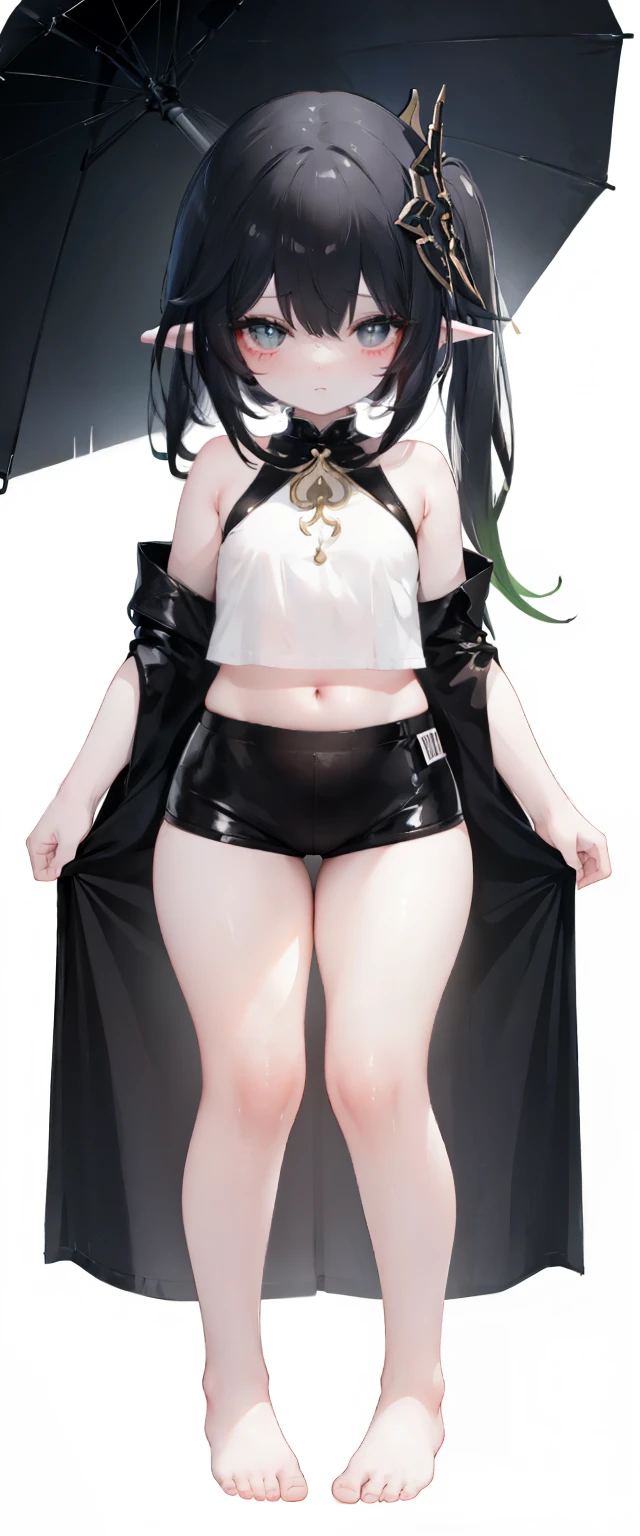 ,child,cute,black hair,thick thigh ,short leather pants,black mini camisole, thick thighs,flat chest,black color tank top,black mini camisole,crop top, Nahida, loli,child,flat chest,fullbody, thick thighs, blushing,loli,child, standing straight, head to toe capture on the frame,loli,,loli toes,bare feet,, ,white background, cute,open abdomen,perfect body ratio, body ratio, white background, front facing, looking at viewer, ,, baby girl