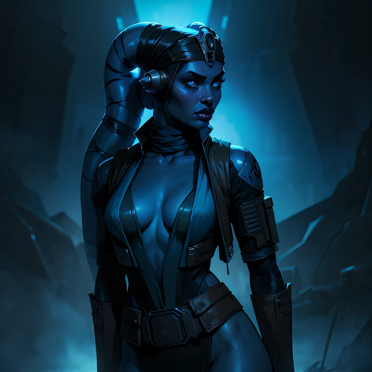 Full body shot of twi'lek female, colored skin, blue skin, blue eyes, twi'lek, star wars theme, female, busty body, breast focus, black jacket, black tight suite, tactical holster, unbuttoned, extreme detailed, ultra resolution, ultra detailed face, best face, dark atmosphere, cinematic light