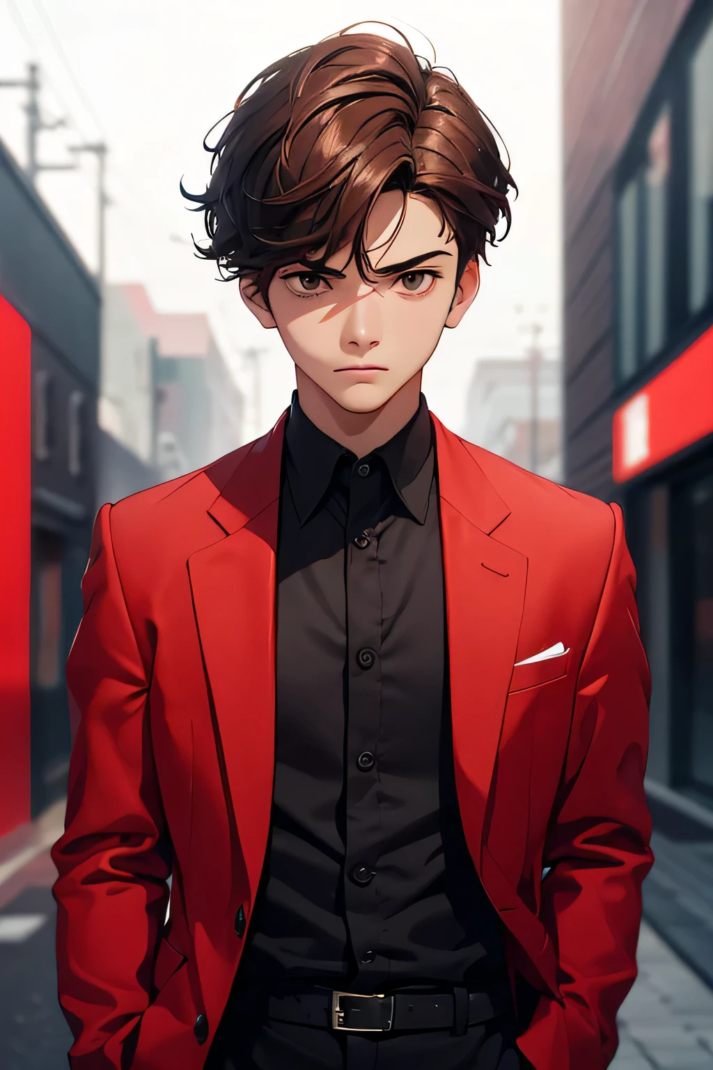 create a unique and aesthetic (profile picture) of 18 year boy wearing red suit with blur background with resolution of (2688 1520) pixels