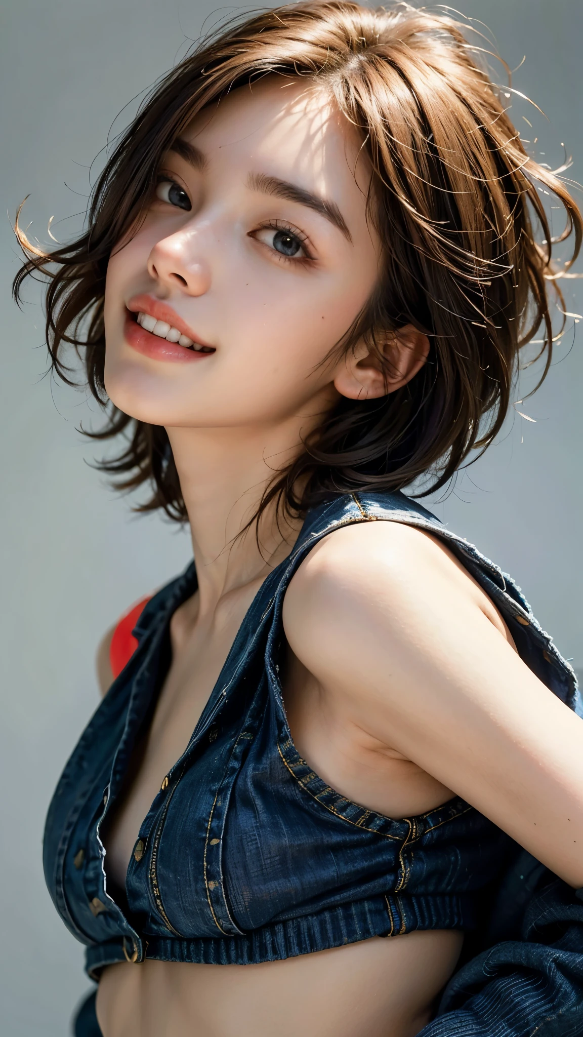 (highest quality, masterpiece, ultra high resolution, photo-realistic:1.4), (portrait, face to face), 1 girl, 20-year-old,Raise your arms and clench your fists, (K-POPアイドルコスチューム), (very short hair),(fluffy, spread hair), (short bangs above the eyebrows,,), (look up at the audience), realistic, (Simple solid color background), picture media chest), (Smile with visible teeth)