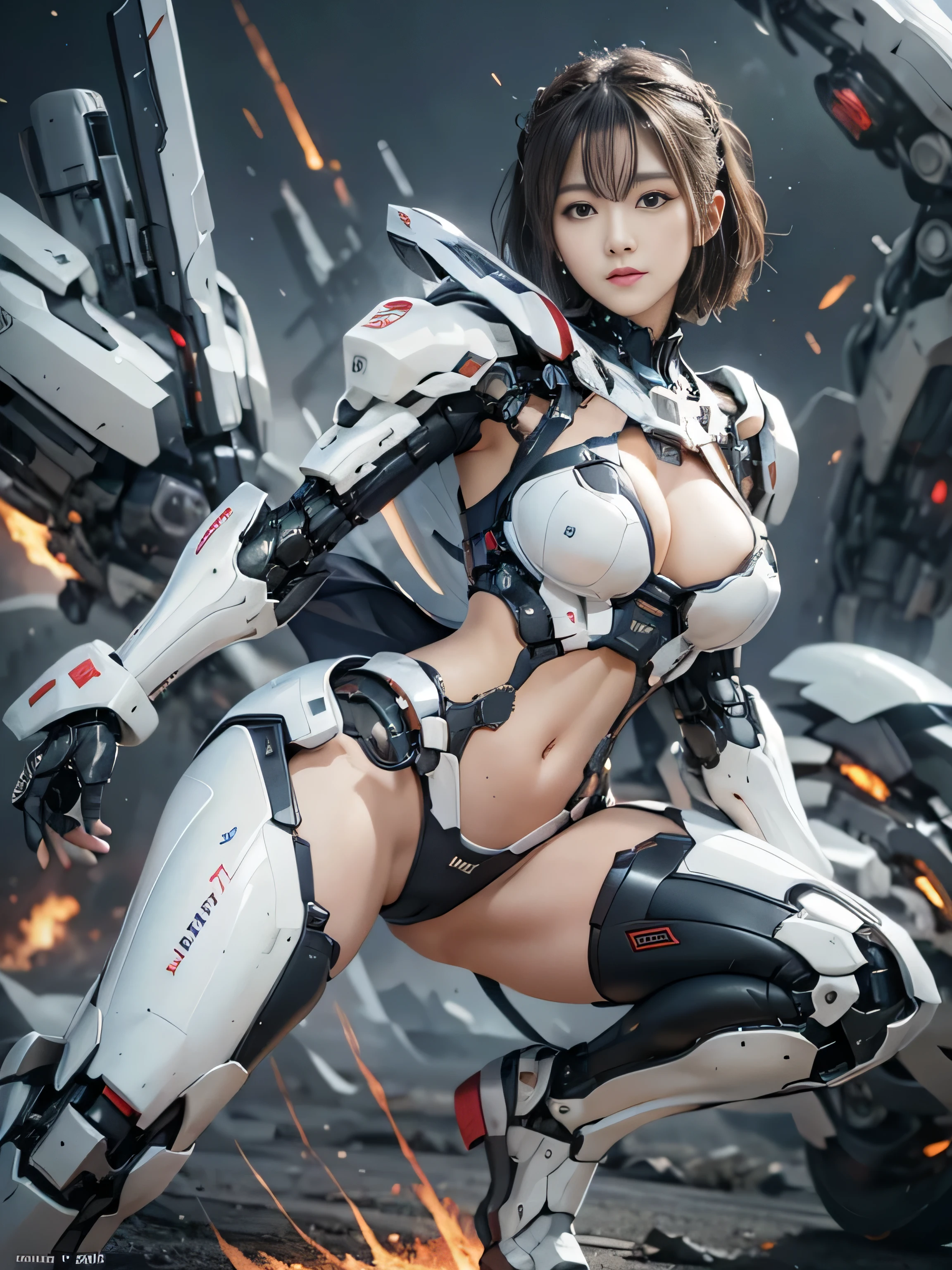 RAW image quality, rough skin, Super detailed, advanced details, high quality, 最high quality, High resolution, 1080p, hard disk, beautiful,(war machine),beautiful cyborg woman,Mecha cyborg girl,battle mode,Clear Mecha Body Girl,She is wearing a futuristic war machine,Platinum silver short hair, full body shot, cleavage, Underboo Boo, side boo boo, (exposed lower abdomen:1.4), (thin pubic hair), Too exposed, Wedgie in the crotch, battle pose, random angle,