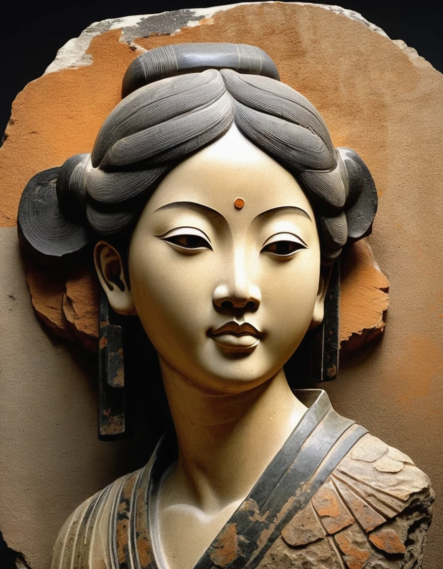 A stone sculpture of a Chinese girl's head,Ancient rhyme four colors(black、orange、Brown、Ash),Mottled and rustic、Rough outside and fine inside、Looks dirty but is actually clean,Internal carving,Broken Rock,,old,irregular,Stone splicing,Rock background , Rock statues, by Li Mei-shu, beautiful depiction, Mysterious Ceramic Statue, centered portrait,