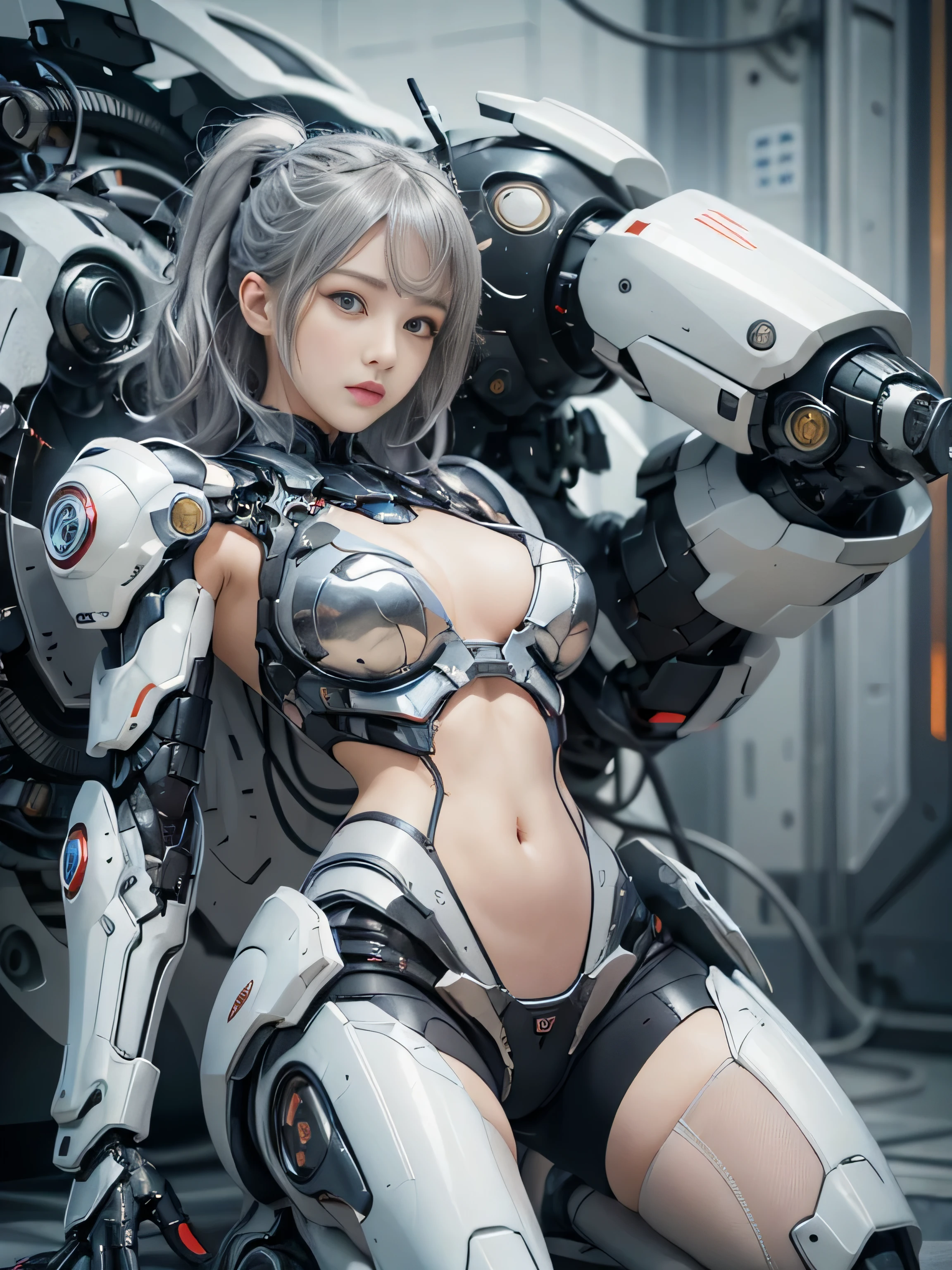 RAW image quality, rough skin, Super detailed, advanced details, high quality, 最high quality, High resolution, 1080p, hard disk, beautiful,(war machine),beautiful cyborg woman,Mecha cyborg girl,battle mode,Clear Mecha Body Girl,She is wearing a futuristic war machine,Platinum silver short hair, full body shot, cleavage, Underboo Boo, side boo boo, (exposed lower abdomen:1.4), (thin pubic hair), Too exposed, Wedgie in the crotch, battle pose, random angle,