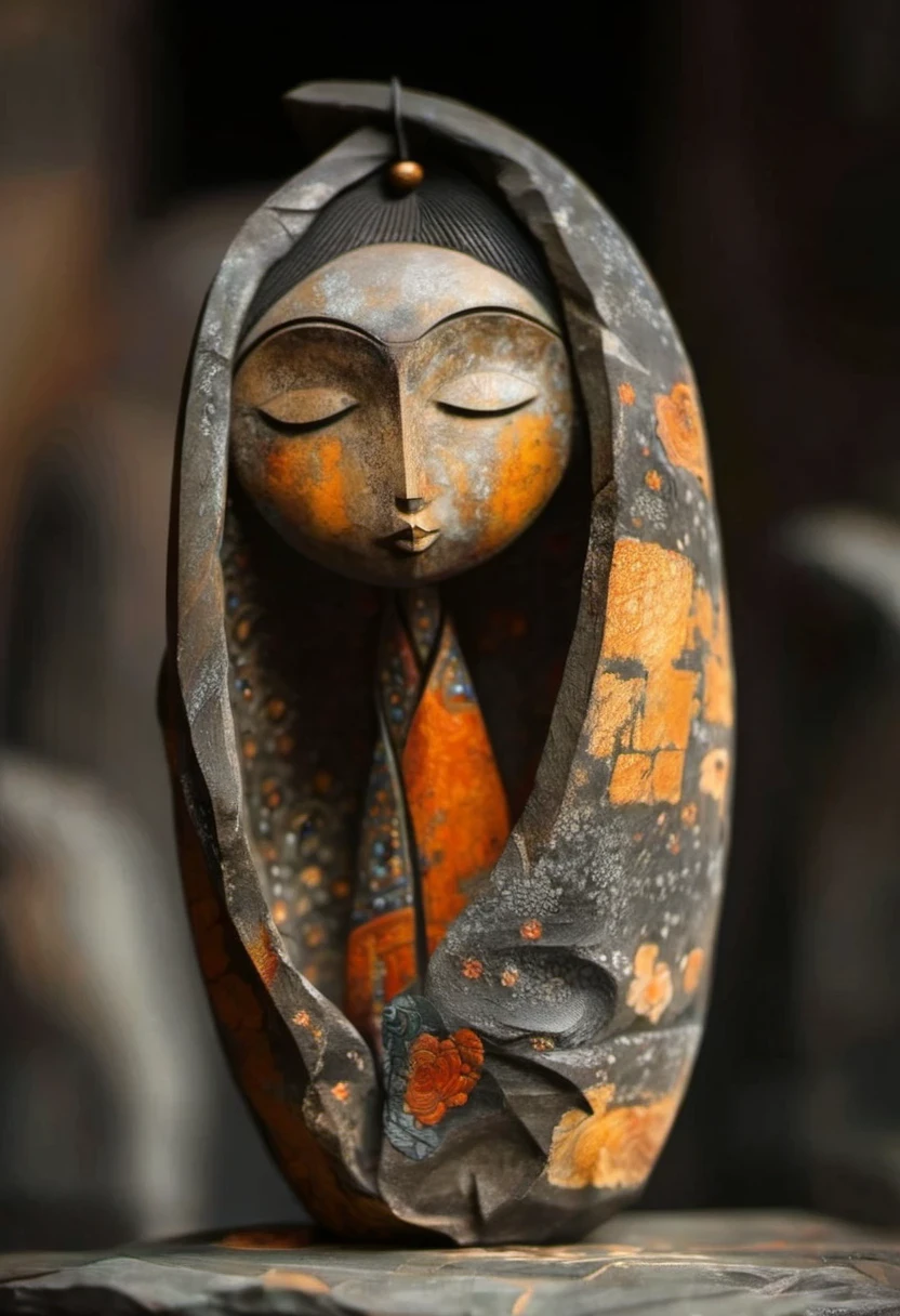 Statue of a woman wearing a scarf, religious sculpture, sculpture of a woman, author:Slava Raskaj, stunning details, wooden statue, by Li Mei-shu, beautiful depiction, Mysterious person, ceramic statue, by Sunil Das, unknown artist, centered portrait, Artist unknown, author:Dondy, statue, Beautiful detailed illustration, indian art, sculpture
