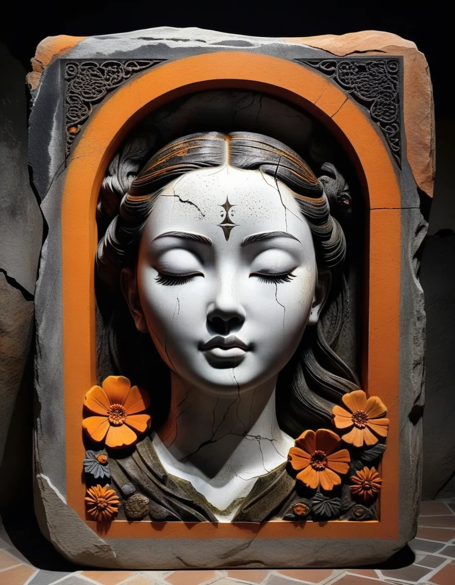 Basic settings:Girl&#39;s head stone carving，:Ancient rhyme four colors(black、orange、Brown、Ash)，Mottled and rustic、Rough outside and fine inside、Looks dirty but is actually clean，Inner carving，irregular，Stone splicing，Rock background