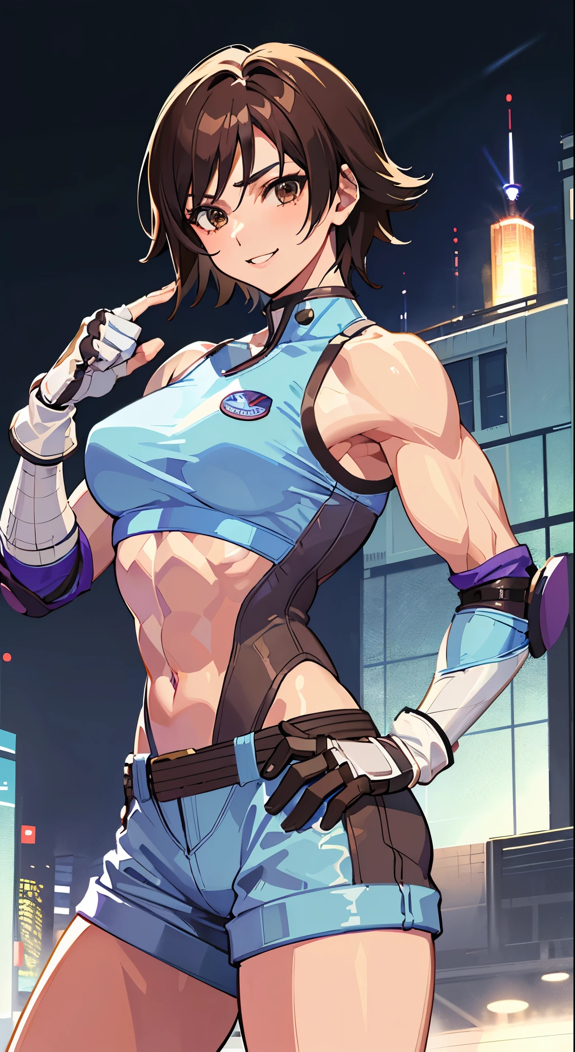 "(masterpiece、premium quality:1.2)、alone、1 girl(Asuka Kazama、muscular woman、short brown hair、white skin、brown eyes)、cowboy shot、smile、battle preparation、tight clothes、good for sports、crop top、shorts、(gloves:1.1)、internal、elbow pad、abdomen、trained abdominal muscles、trained biceps、(group of buildings:1.2)、night view