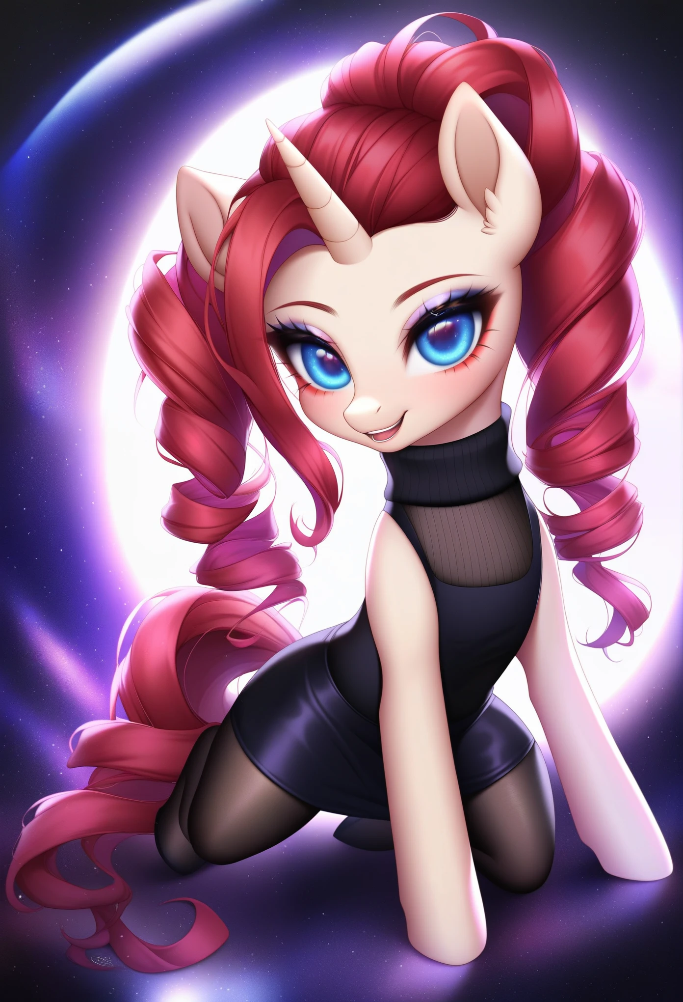 score_9, (unicorn pony, beige fur, long crimson hair, makeup, blue eyes), (black turtleneck, black tights, black skirt, red scarf), full body, (beautiful, detailed hair and fur),