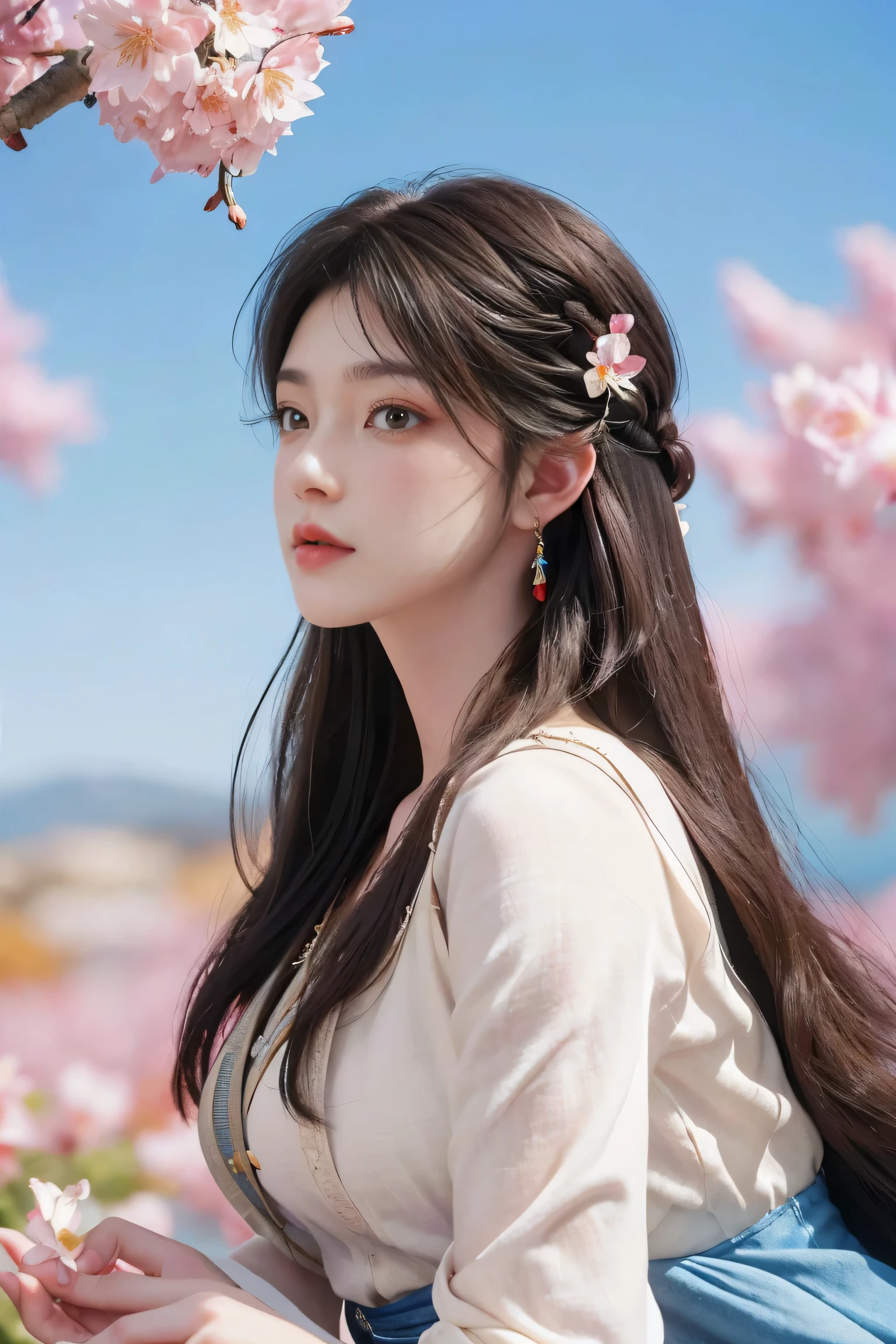 (8K,Best picture quality,A high resolution,Very detailed body details,dynamic lighting,The lens focuses on the thigh:1.3),(1girll, Solo, From the side Side,Look at the audience), The is very detailed, (abstract backgrounds, zentangle, s fractal art:1.3), (many color, Colorful:1.1), (feater, petals, blossoms:1.3), dynamicposes, 耳Nipple Ring,portrait of a princess, , in the art style of bowater, Lolita costume costume dress,Fantasy art style, beautiful fantasy maiden,Exquisite and perfect facial features,Beautiful and delicate eyes,long eyelasher,Delicate eyeliner,Blue eyes,Dark pupils,,There are bright spots in the eyes,almond eyes,Beautiful lip details,anatomy correct,Messy black hair,
