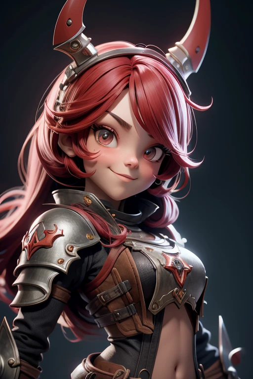 Hermosa cabeza femenina vikinga, pelo rojo, disfraz de guerrera vikinga, en globo de nieve, sonrisa suave, Lindo retrato de cuerpo entero, figura esbelta de pie, Personaje de dibujos animados, personaje de pixar, medieval, Renderizado 3D, symatic lighting, Trazado de rayos. Rojo crujiente, luz radiante, bosque misteriosa, (la mejor calidad, 8K, high resolution, obra maestra:1.2), caprichoso.
