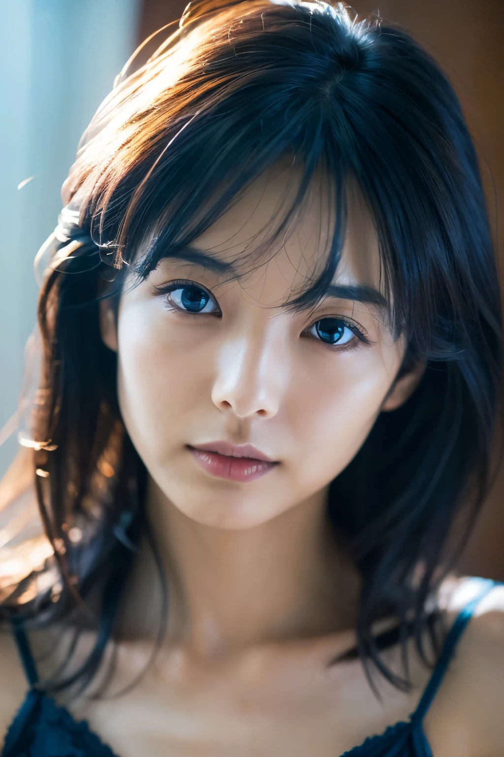 cinematic color, Skinny Japanese woman, 30 years old, cute face, detailed face, detailed eyes, (best quality, ultra-detailed), feminin lighting, messy hair, wearing dark blue lingeries, delicate features, dreamy atmosphere