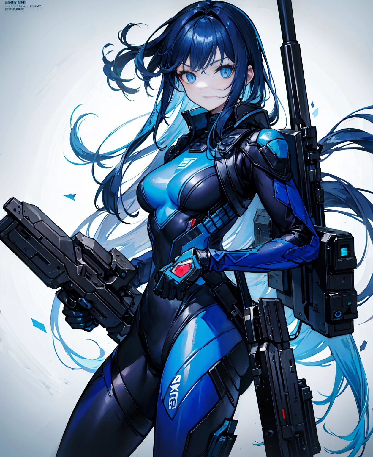 no background,girl,carry a firearm,Enamel-like tight suit,use of firearms,dark blue long hair,attention arousal,blue colored eyes,no gradation