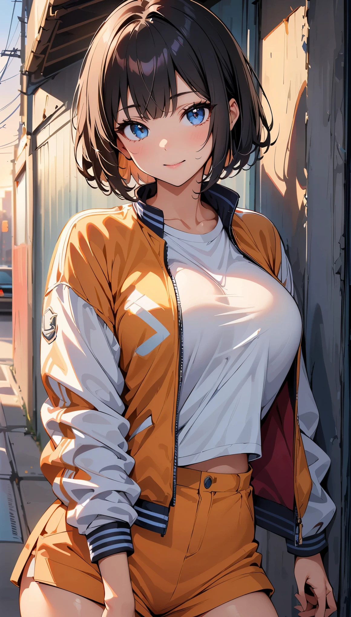 (highest quality, 4k, 8K high resolution, masterpiece:1.2), Super detailed, one person, woman, (black hair, short bob, blue eyes), standing pose, sexy atmosphere, attractive breasts, magic hour, (riders jacket, hot pants), Emphasis on individuality and uniqueness, detailed and beautiful eyes, beautiful detailed lips, long eyelashes, bright colors, Photo Spot, in front of a white wall, cowboy shot, Soft and warm color palette.