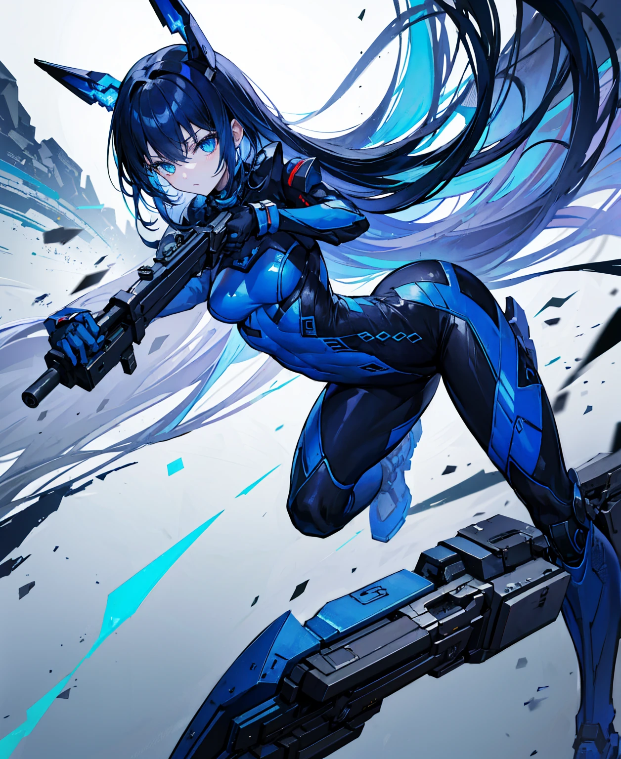 no background,girl,carry a firearm,Enamel-like tight suit,use of firearms,dark blue long hair,attention arousal,blue colored eyes,no gradation