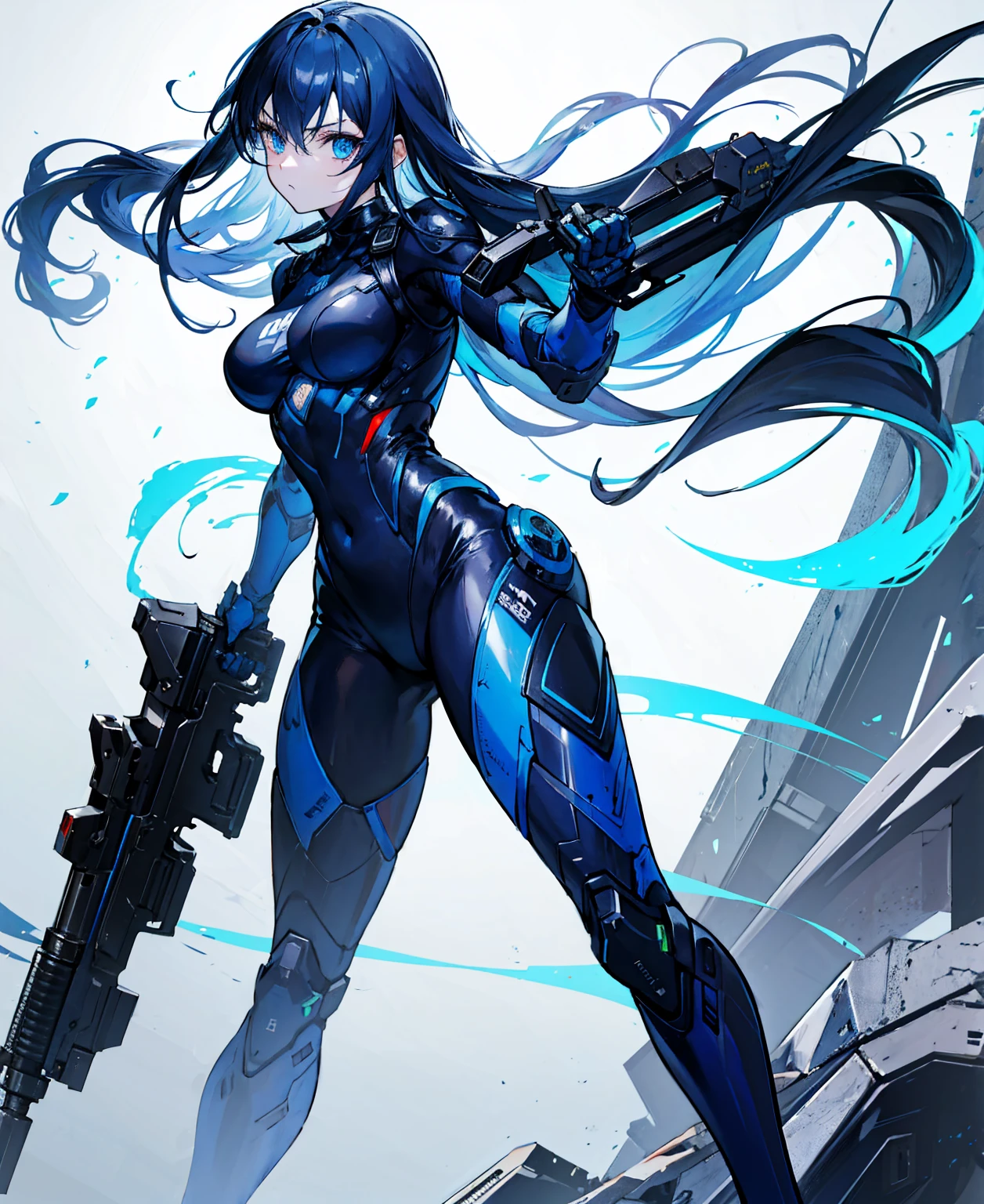 no background，girl，carry a firearm，Enamel-like tight suit，use of firearms，dark blue long hair，attention arousal，blue colored eyes,no gradation