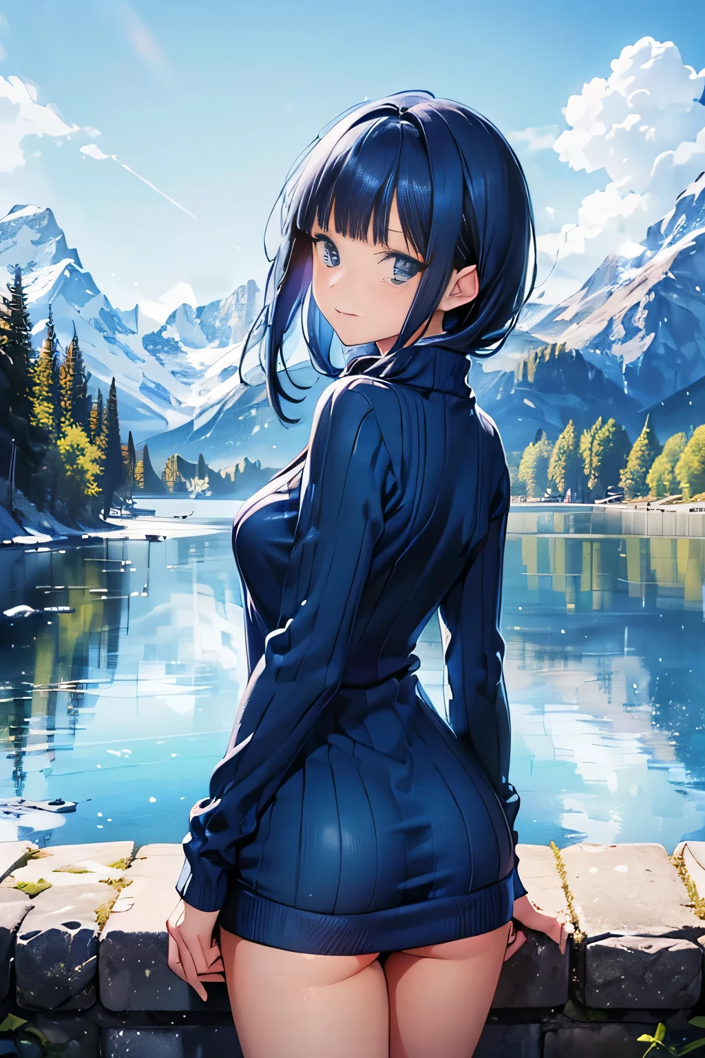 (Bright blue one piece sexy knit sweater),looking back,((1girl,cute,young,Semi long beautiful dark blue hair,blunt bangs,beautiful blue eyes)),(solo),((masterpiece, highest resolution,best quality)), (beautiful illustration),
 (looking back at the viewer), innocent smile,cinematic lighting,beautiful icy lake and mountains,flowers,trees,snow,blue sky