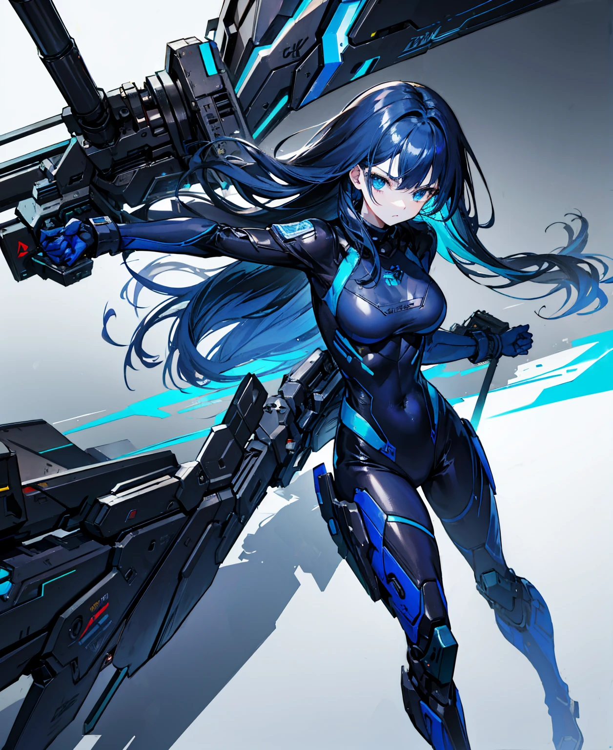 no background，girl，carry a firearm，Enamel-like tight suit，use of firearms，dark blue long hair，attention arousal，blue colored eyes,no gradation