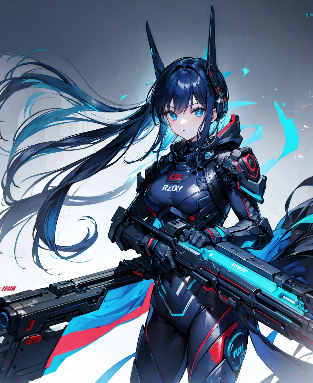 no background，girl，carry a firearm，Enamel-like tight suit，use of firearms，dark blue long hair，attention arousal，blue colored eyes,no gradation