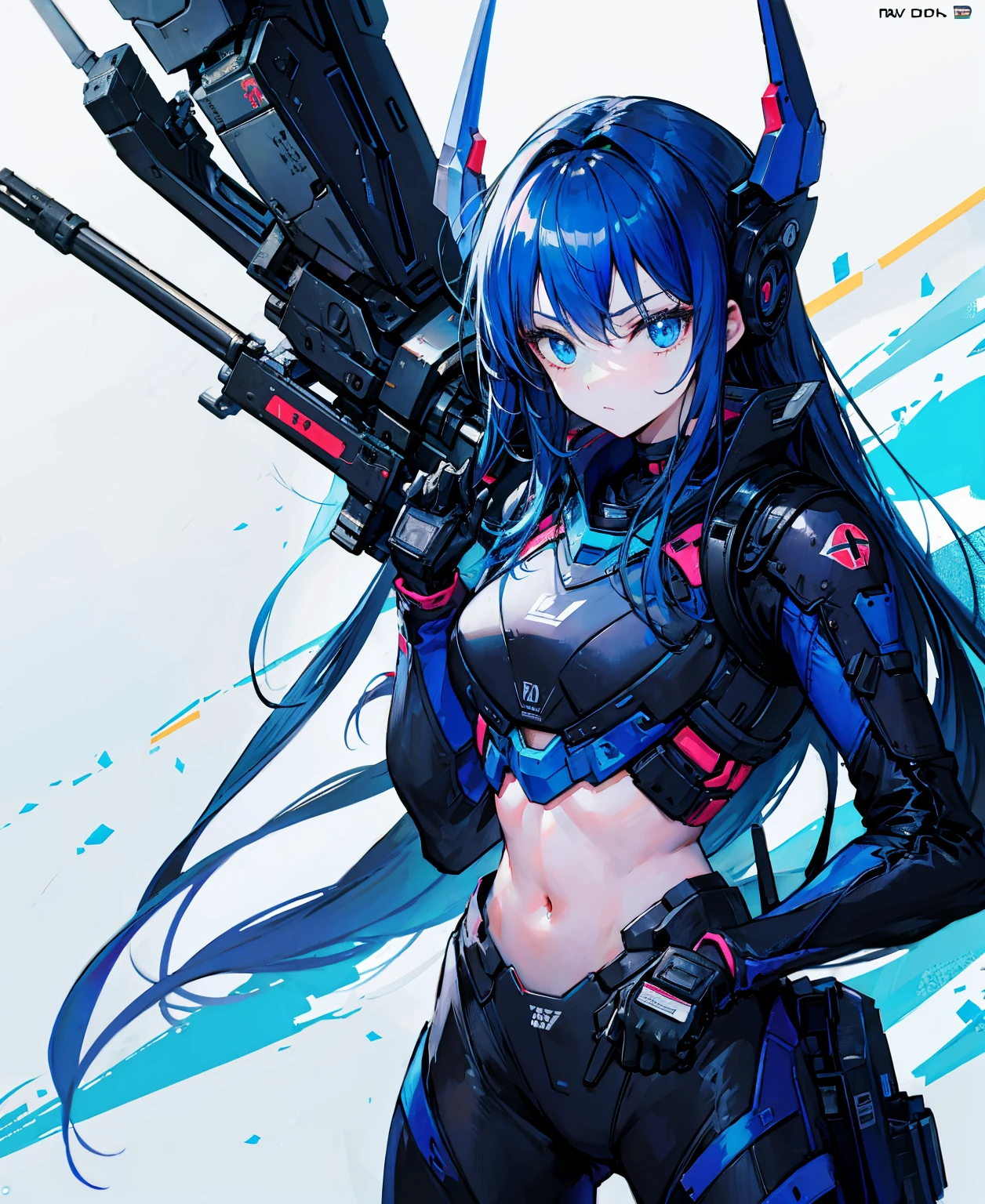 no background,girl,carry a firearm,Enamel-like tight suit,use of firearms,dark blue long hair,attention arousal,blue colored eyes,no gradation