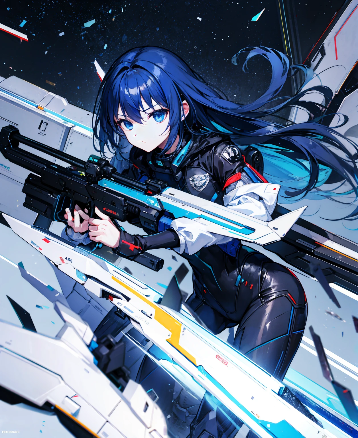 no background,girl,carry a firearm,Enamel-like tight suit,use of firearms,dark blue long hair,attention arousal,blue colored eyes,no gradation