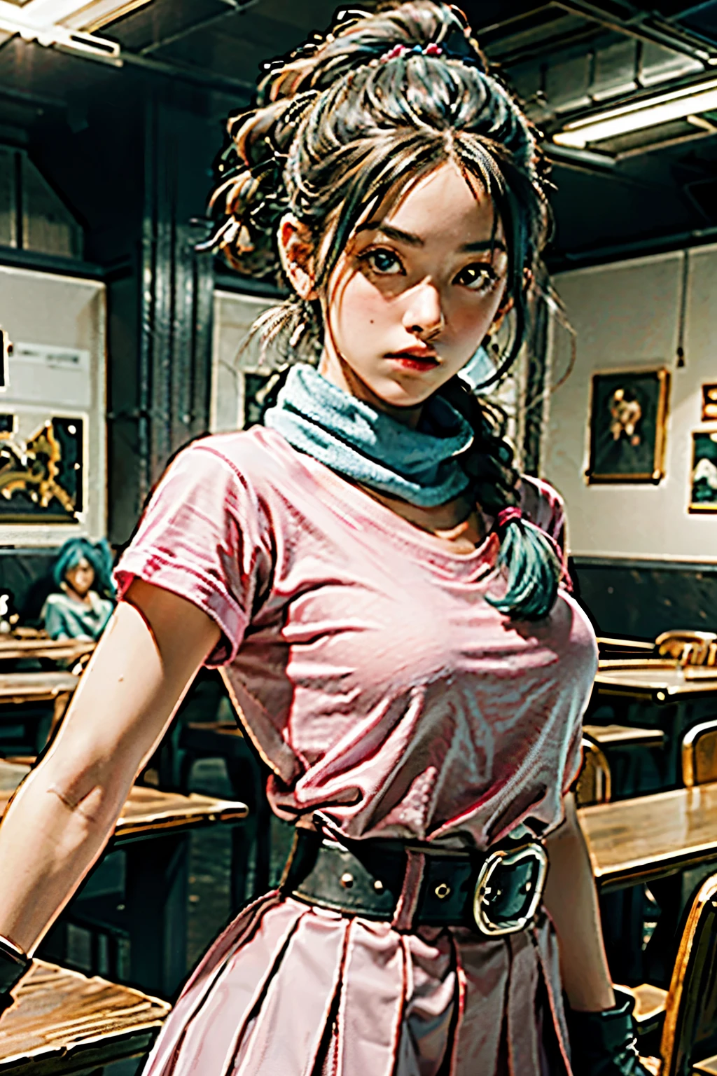 highest quality, masterpiece, ultra high resolution, Raw photo, beautiful and aesthetic,deep shadow, dark theme,(realistic:1.4),
Dragon Ball, Futebuteshi, aqua hair, hair ribbon, braided ponytail, pink shirt, belt, scarf, pink skirt, write clothes, brown gloves, medium breasts,
Elegant calm, exciting atmosphere, Magnetic Beings, sophisticated seduction, fascinating mystery,
intricate zentangle patterns, figure of a woman, amazing level of detail, generously given, portrait composition, impressive perspective, a chaotic masterpiece, Elegantly poised, Inspired by brutalist architecture, vibrant color palette, Undertone,