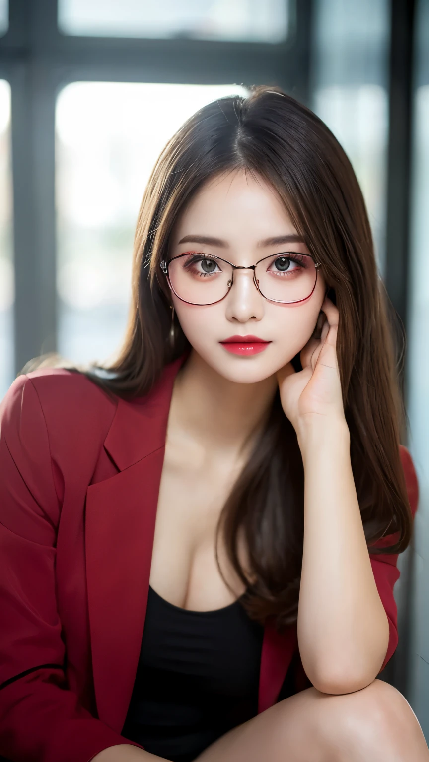 (masterpiece, highest quality, highest quality, )(8K,real photo,Raw photo)detailed face,detailed eyes,cute face,gal makeup,((glasses)),sexy pose,sexy outfit,looking at the camera