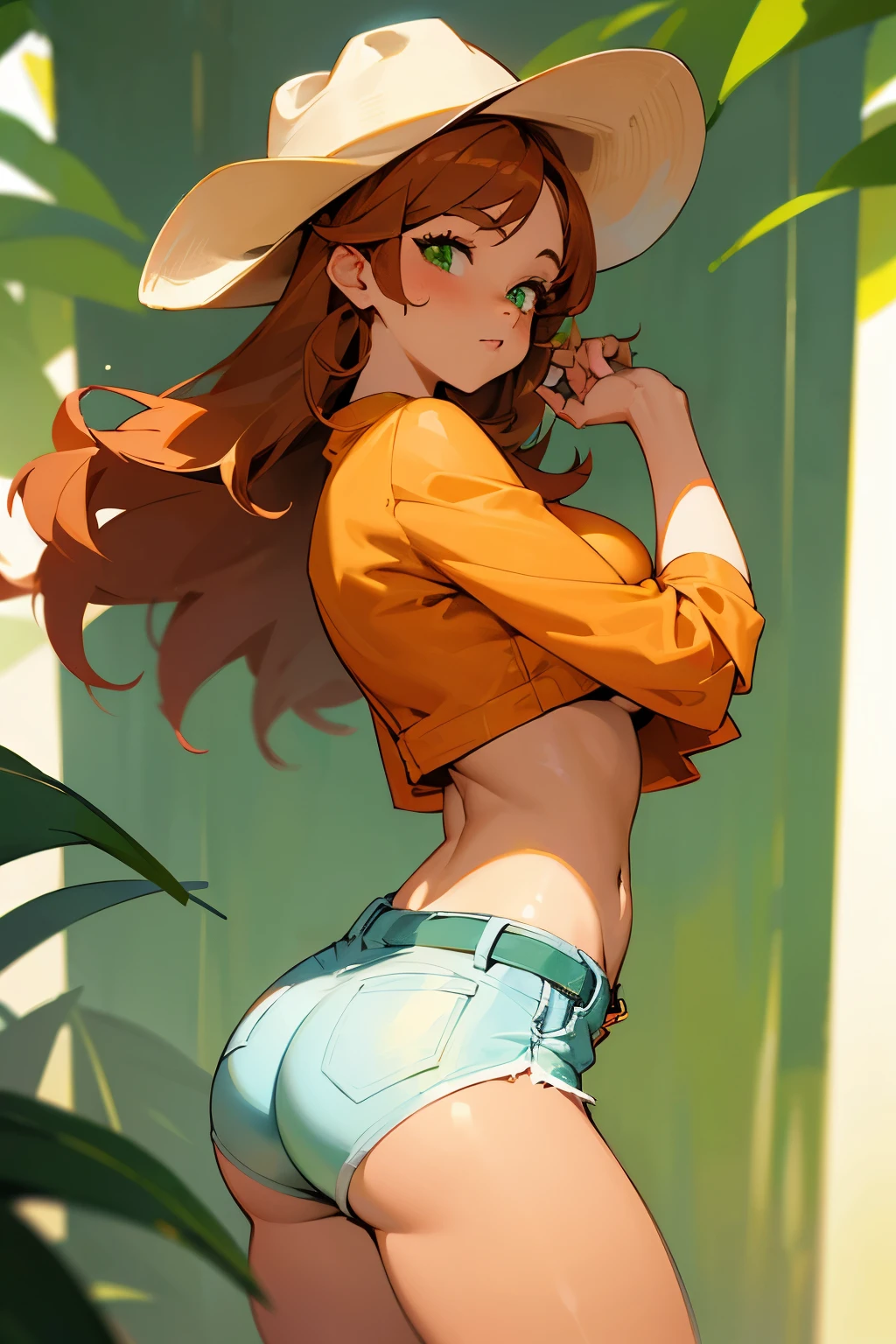 Jane, Tarzan, brunette hair, yellow hat, sexy, open blouse. Red tonge. Show her ass. Pose back