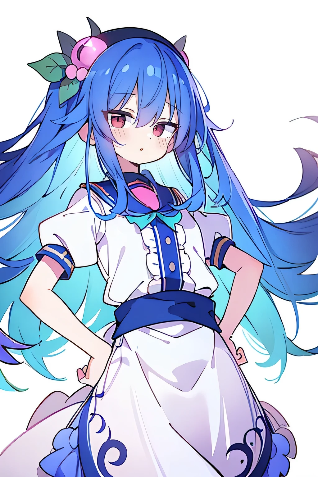(masterpiece),best quality, expressive eyes, perfect face, 1girl,
 Put your hands on your waist,fair, Gorgeous,Japanese cartoons,girl,lola,Hina Angel, blue hair, blue haired, floating clothes,Grab your waist, Grab your waist, hands on hips , hands on hips,flat chest