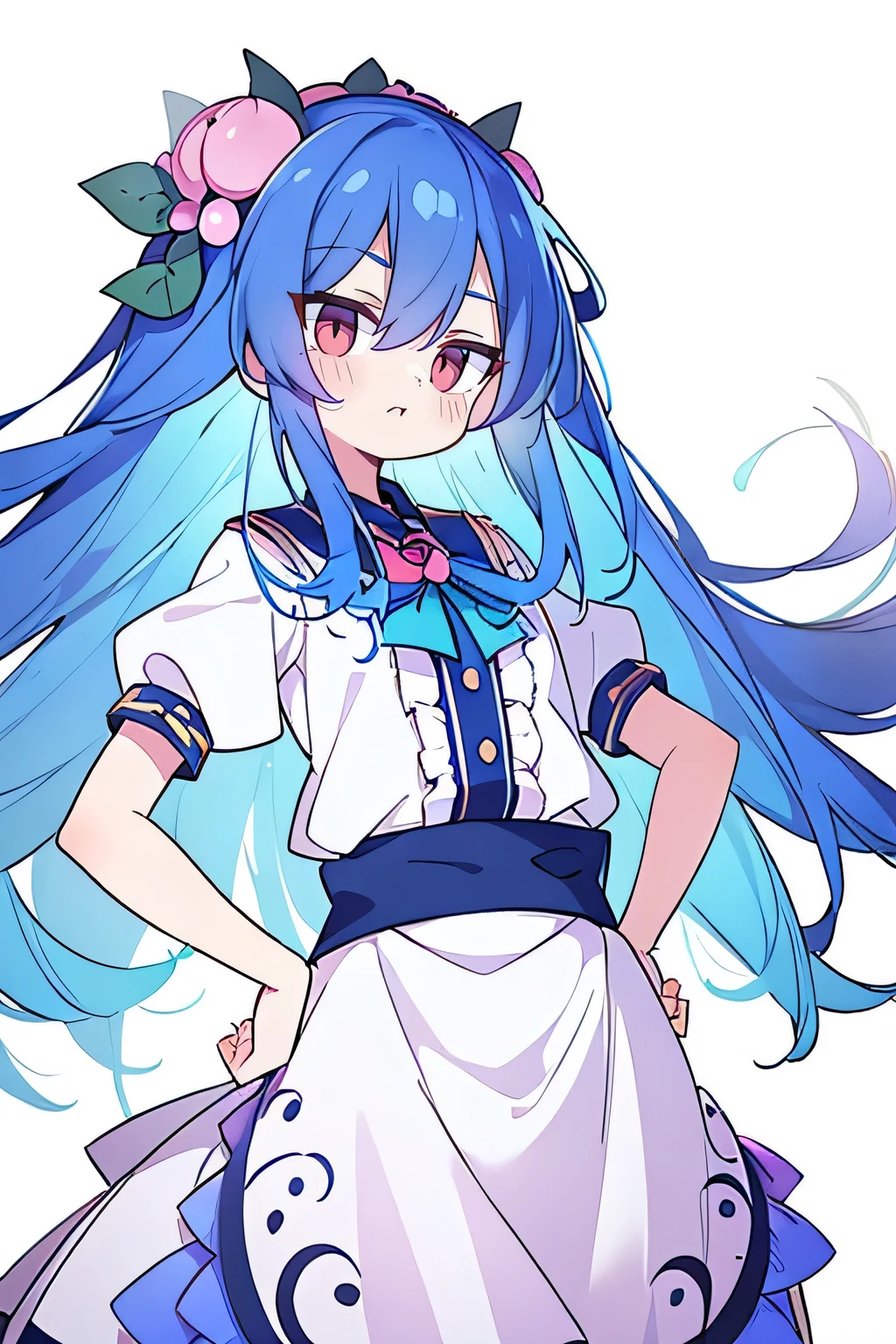 (masterpiece),best quality, expressive eyes, perfect face, 1girl,
 Put your hands on your waist,fair, Gorgeous,Japanese cartoons,girl,lola,Hina Angel, blue hair, blue haired, floating clothes,Grab your waist, Grab your waist, hands on hips , hands on hips,flat chest