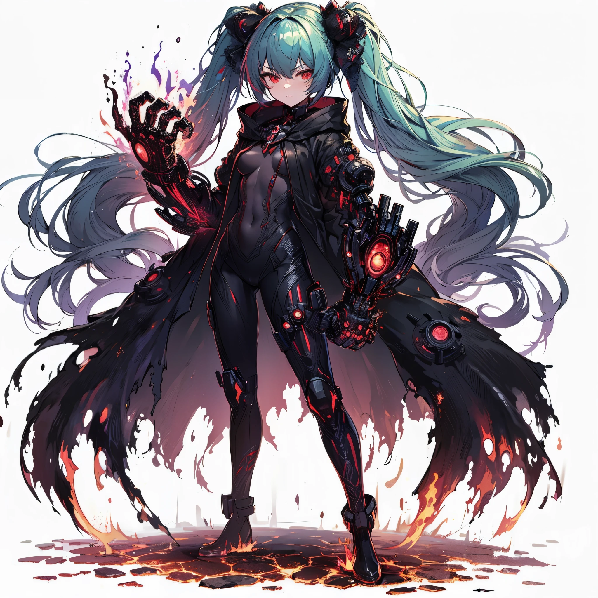 (masterpiece, Best Quality), (detailed hairs), Ultra-detailed, Anime style, Full body, solo, cyberpunk fighter girl, burned black mechanical limb, ((fists of black-purple flame)), Sea green two topknot hairstyle with red eyes, wearing raged cloak and Form-fitting thin suit. 8k high resolution, white background, whole-body, digital painting, standing in burned earth. straight Fist thrust pose.
