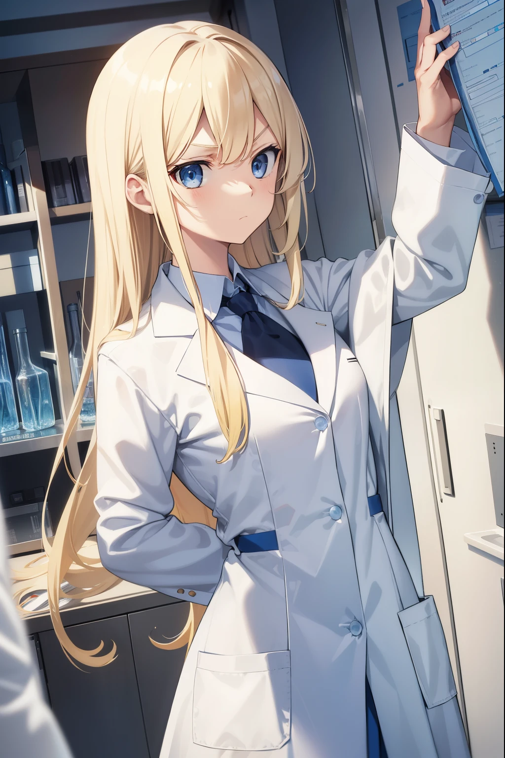 Chemistry room,scientist,white clothes,1 girl,blonde,long hair,blue eyes,serious face,
