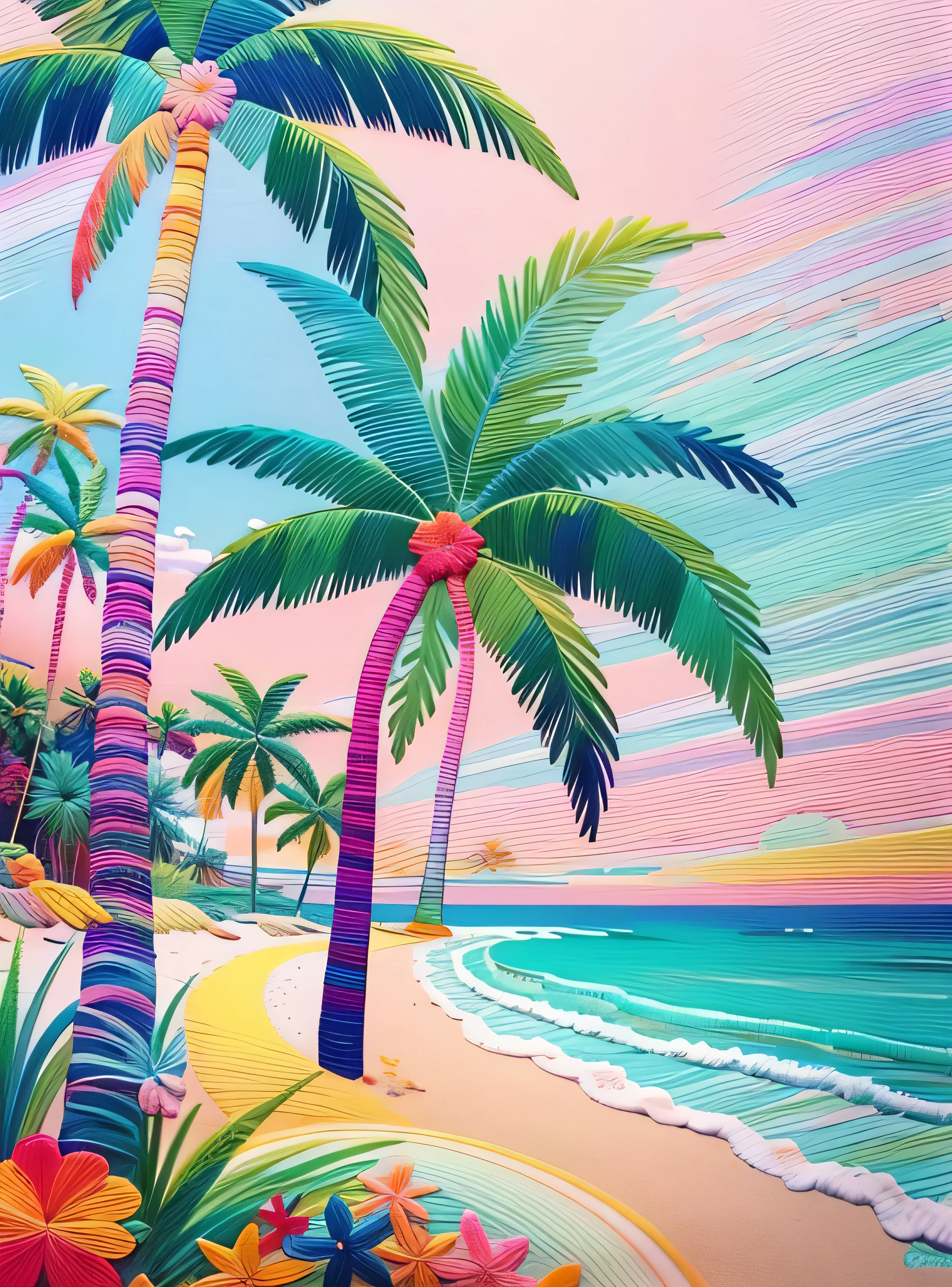 Embroidered beach lined with colorful palm trees, pastel colour