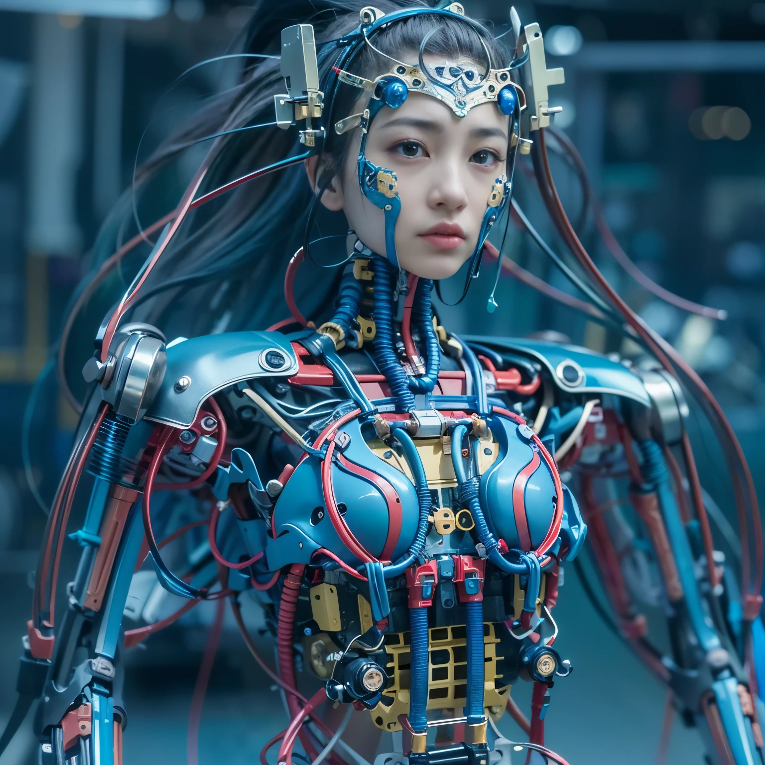 (best quality:1.2), 8k, highres, octan render, (masterpiece), extremely ultra detail, cyborgized Japanese woman, extremely ultra cute face, , skinny body, flat ,  (blue metallic mechanical frame:1.5), (Power cables connected throughout the body), detaile up, Instead of hair, there are cables growing out of it, mechanical fusion, mechanical skeleton, bio mechanics, mechanical life-form, highly intricate detail, extremely ultra real texture, human-like skin, realistic hair, ultra realistic details, professional lighting, (realistic:1.4), (RAW photo:1.2), (photorealistic:1.5)