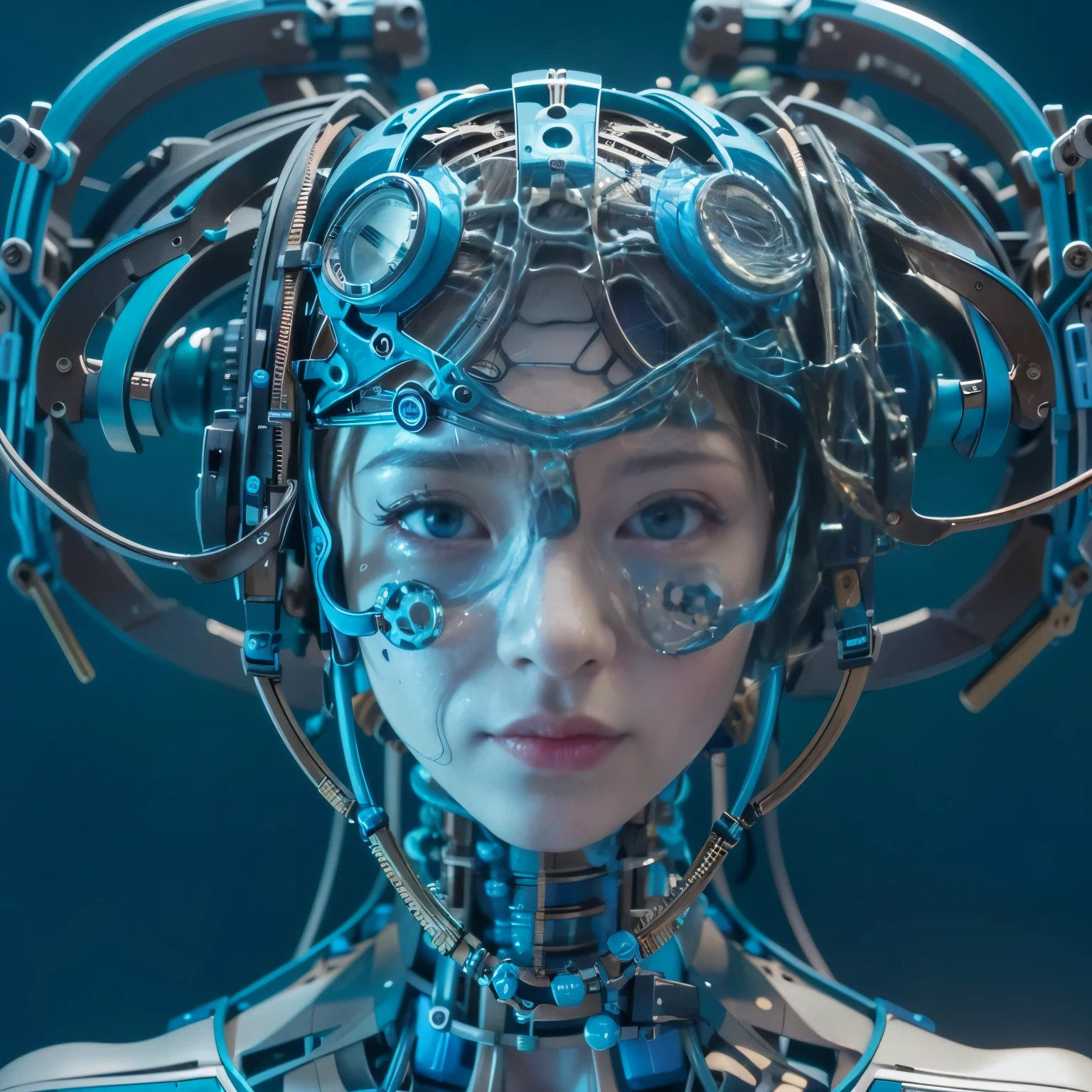 (best quality:1.2), 8k, highres, octan render, (masterpiece), extremely ultra detail, cyborgized Japanese woman, extremely ultra cute face, , skinny body, flat chest,  (blue metallic mechanical frame:1.5), (Power cables connected throughout the body), detaile up, Instead of hair, there are cables growing out of it, mechanical fusion, mechanical skeleton, bio mechanics, mechanical life-form, highly intricate detail, extremely ultra real texture, human-like skin, realistic hair, ultra realistic details, professional lighting, (realistic:1.4), (RAW photo:1.2), (photorealistic:1.5)