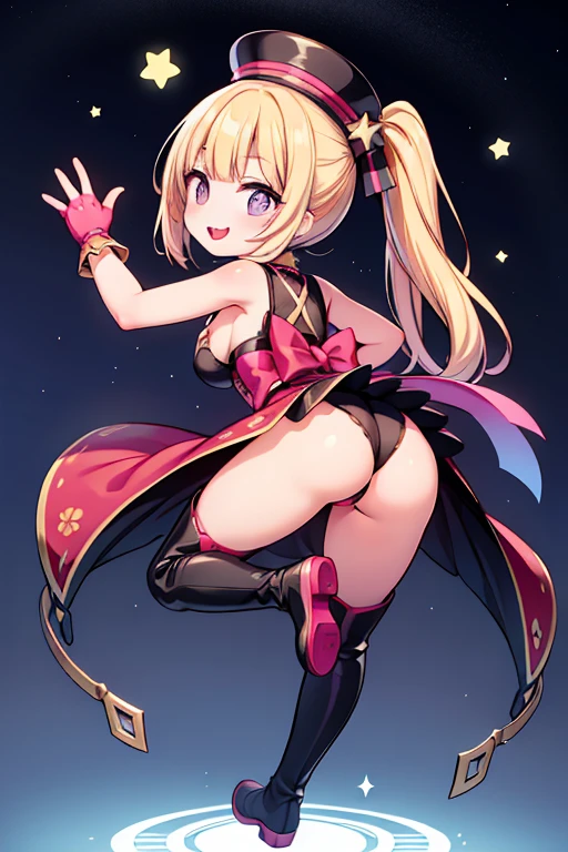 Ai Hoshino, gloves, tongue sticking out, tongue, long hair, star (symbol), view audience, (purple hair: 1.2), purple eyes, smile, sleeveless, shirt, Idol, symbol shaped pupil, Please raise your hand, bangs, one side facing up, star-shaped pupils, raise your arms, tungsten々Early 20s, isometric, From above, whole body, rembrandt, shape, be familiar with, written boundary depth, looking at the audience, peace sign, Please raise your hand, tongue out, highest quality, High resolution.highest quality,shiny skin,1 female,beautiful japanese woman,villain,(Queen),(full body), ash blonde,high ponytail,brown eyes,very big breasts,very big ass,(Chubby body type),((from behind)),((Are standing)),((spread your legs)).((hip focus)), (focus on thighs),((Black and pink high thigh boots)),((black and pink small military hat)),Please show me your shoulders,怒ったsmile,five fingers,shiny skin,(prison),night,latex