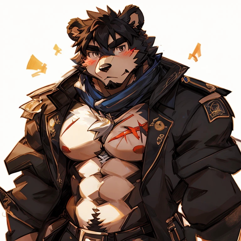 1furry male, bear furry, full body, , solo,  looking at viewer, blush, simple background, white background, black eyes, there were wounds on his skin,
volume light, best shadow,cinematic lighting, perspective pose, dynamic angle, wires, (damaged, amputee, android, mechabare), 