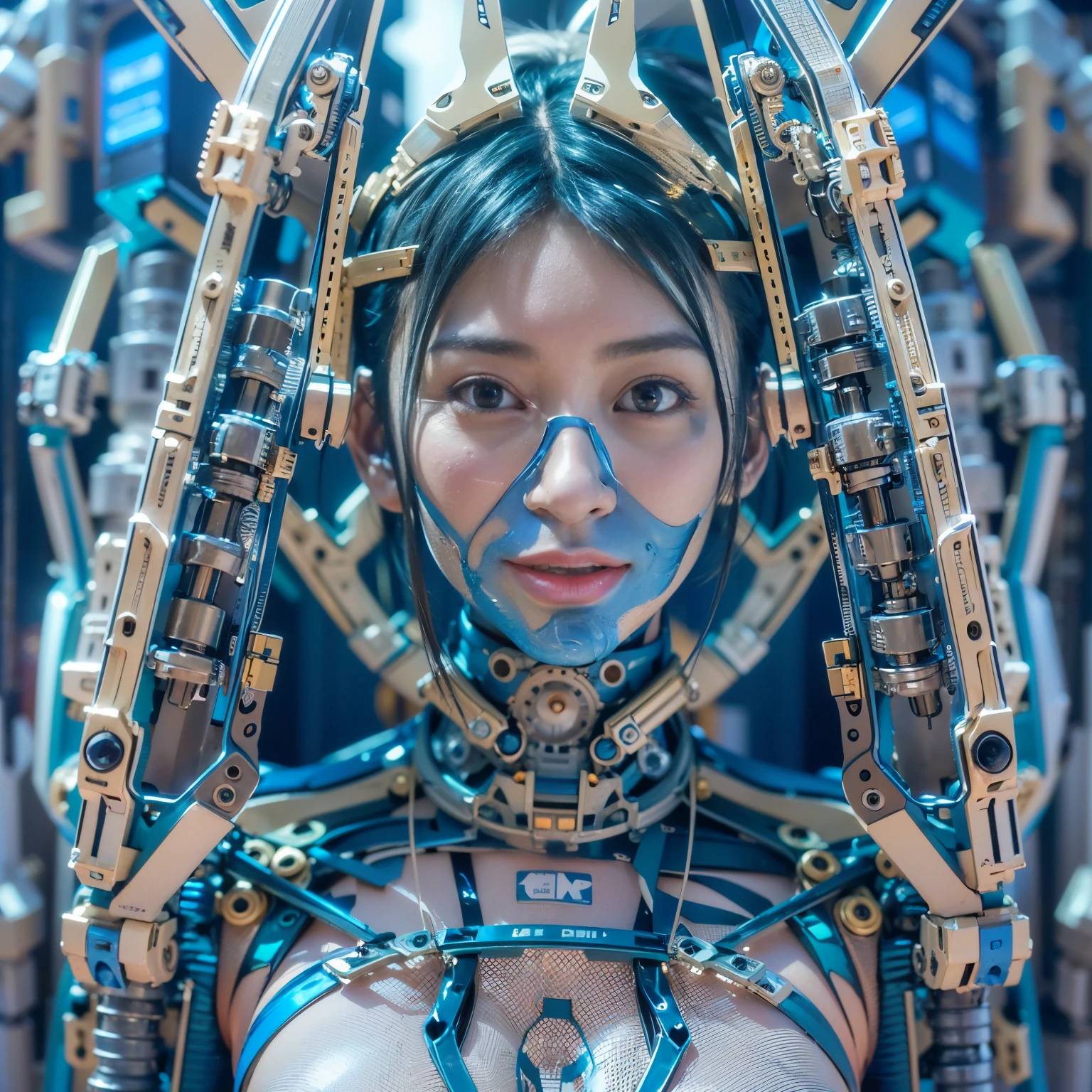 (best quality:1.2), 8k, highres, octan render, (masterpiece), extremely ultra detail, cyborgized Japanese woman, extremely ultra cute face, , skinny body, flat chest,  (blue metallic mechanical frame:1.5), (Power cables connected throughout the body), detaile up, Instead of hair, there are cables growing out of it, mechanical fusion, mechanical skeleton, bio mechanics, mechanical life-form, highly intricate detail, extremely ultra real texture, human-like skin, realistic hair, ultra realistic details, professional lighting, (realistic:1.4), (RAW photo:1.2), (photorealistic:1.5)