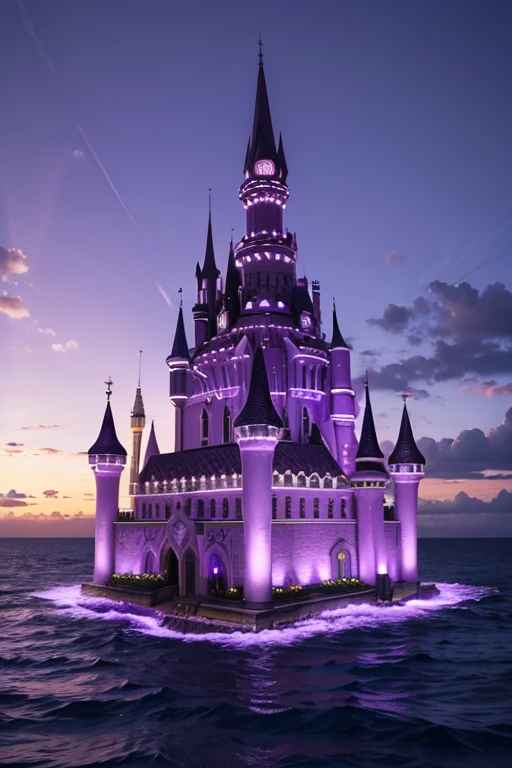 A huge purple ccastle surrounded by a glass liklike ocean ,the sky is purple.