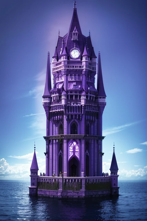 A huge purple ccastle surrounded by a glass liklike ocean ,the sky is purple.