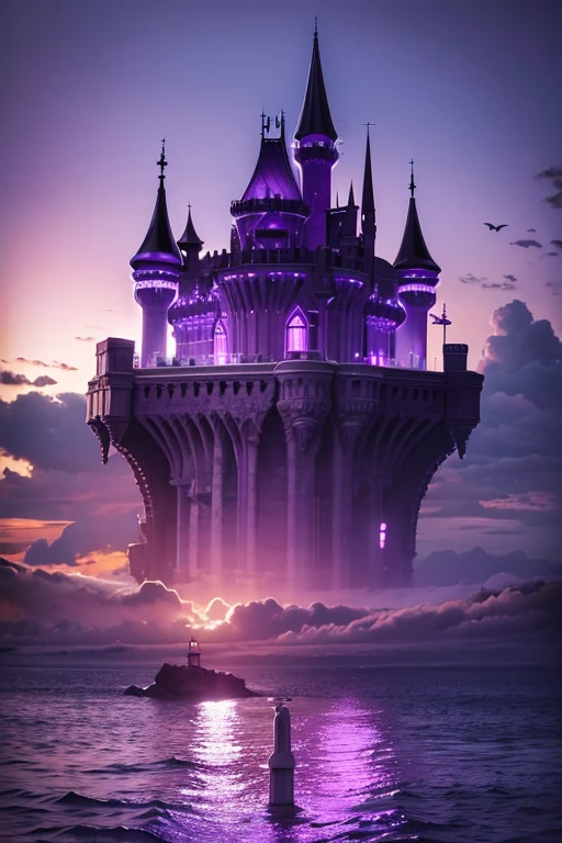 A huge purple ccastle surrounded by a glass liklike ocean ,the sky is purple.