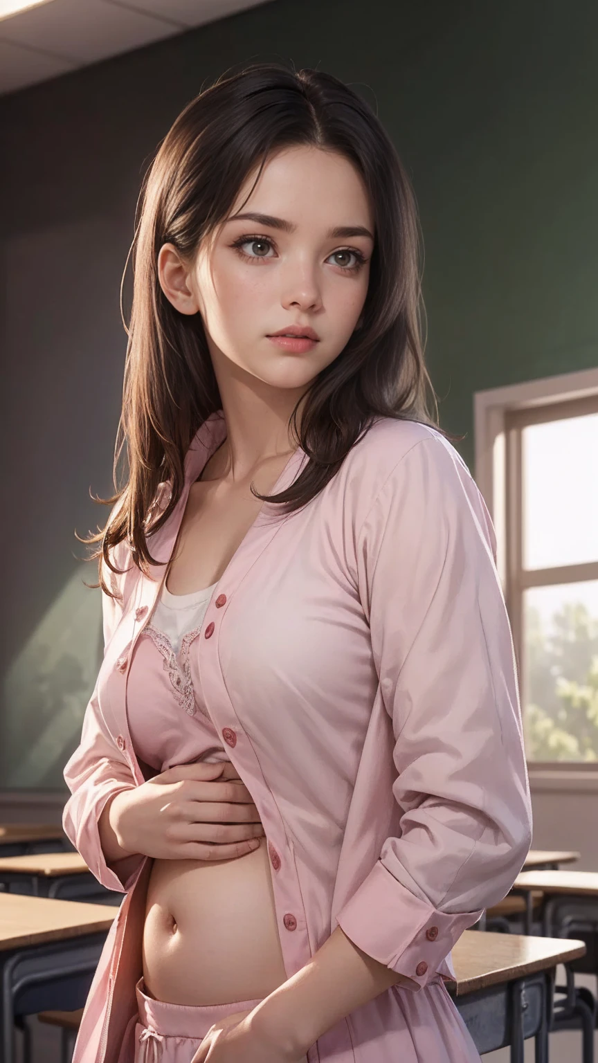 (1 girl:1.3), break, half body shot, Japanese, 17 year old supermodel, thin, high school girl, (From the side), view audience, (highest quality:1.4), 32K resolution, (realistic:1.5), (Super realistic:1.5), High resolution 32k UHD, (masterpiece:1.2)), (Improvement of quality:1.4), (very beautiful facial details), (Highest quality realistic skin texture:1.4), (perfect anatomy:1.2), (Are standing:1.37), Please show me your belly, (((pink , pinkのセーラー服:1.15))), ((pinkのプリーツミニスカート:1.15)), Do not emphasize the top of the bust, ((In the classroom:1.15)), precise fingers, Super detailed, symmetrical eyes, natural makeup, ((A good eye for quality:1.2)), (tired, sleepy and satisfied:0.0), (fine lips:1.33), (fine nose:1.2), ((Physically Based Rendering of the Background:1.37)), bent:1.2, big breasts, (heavy chest:1.1, thin lower body), brown hair, (Choppy Hair:1.37), anxious face, Gentle light shines on face and body。, Spectacular and emotional cinematic lighting