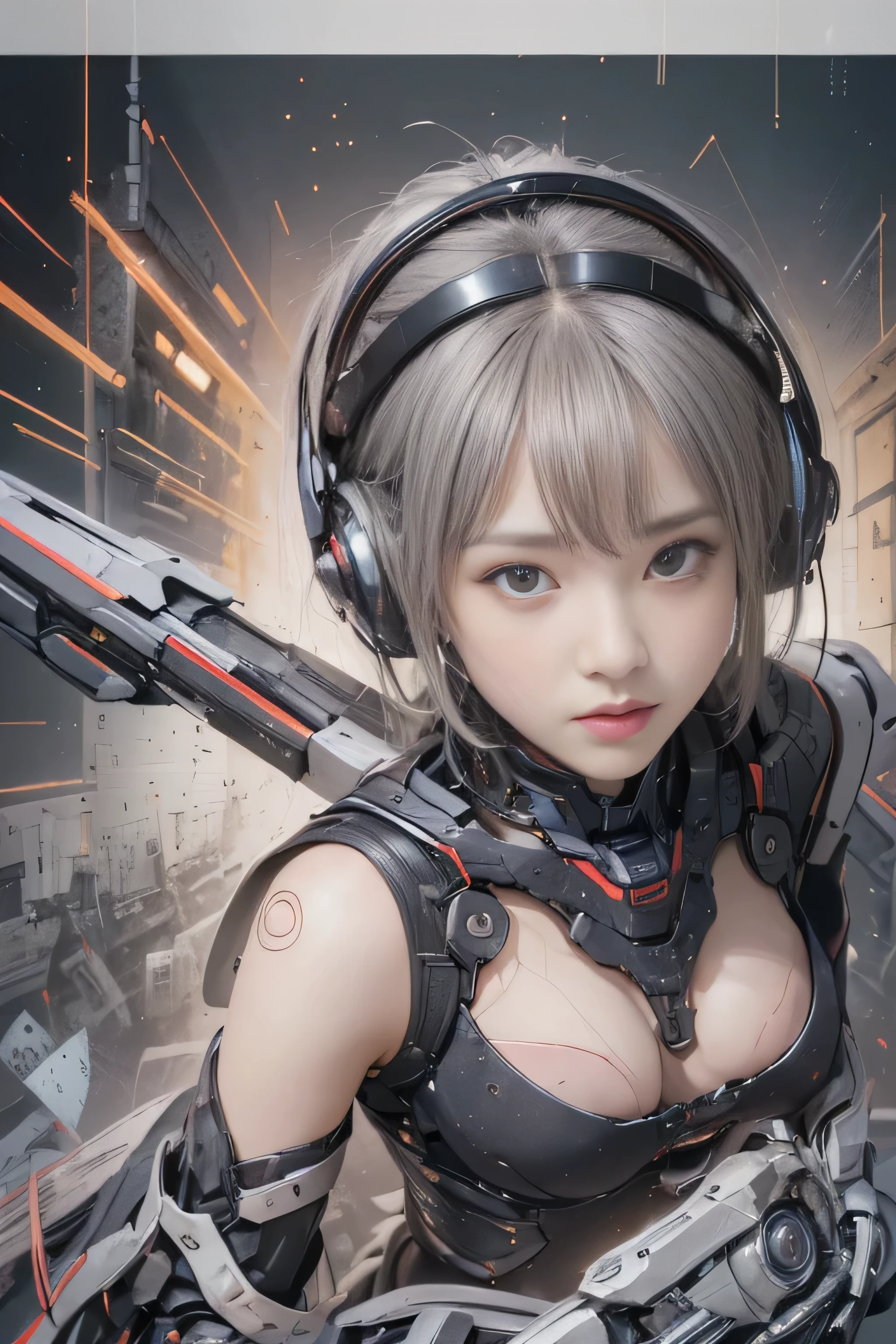 (RAW image quality:1.4), rough skin, Super detailed, advanced details, high quality, 最high quality, High resolution, 1080p, hard disk, beautiful,(war machine),beautiful cyborg woman,Mecha cyborg girl,battle mode,Clear Mecha Body Girl,She is wearing a futuristic war machine,Platinum silver short hair, full body shot, cleavage, Underboo Boo, side boo boo, ((exposed lower abdomen:1.4)), (thin pubic hair), Too exposed, (Wedgie in the crotch), battle pose, random angle,