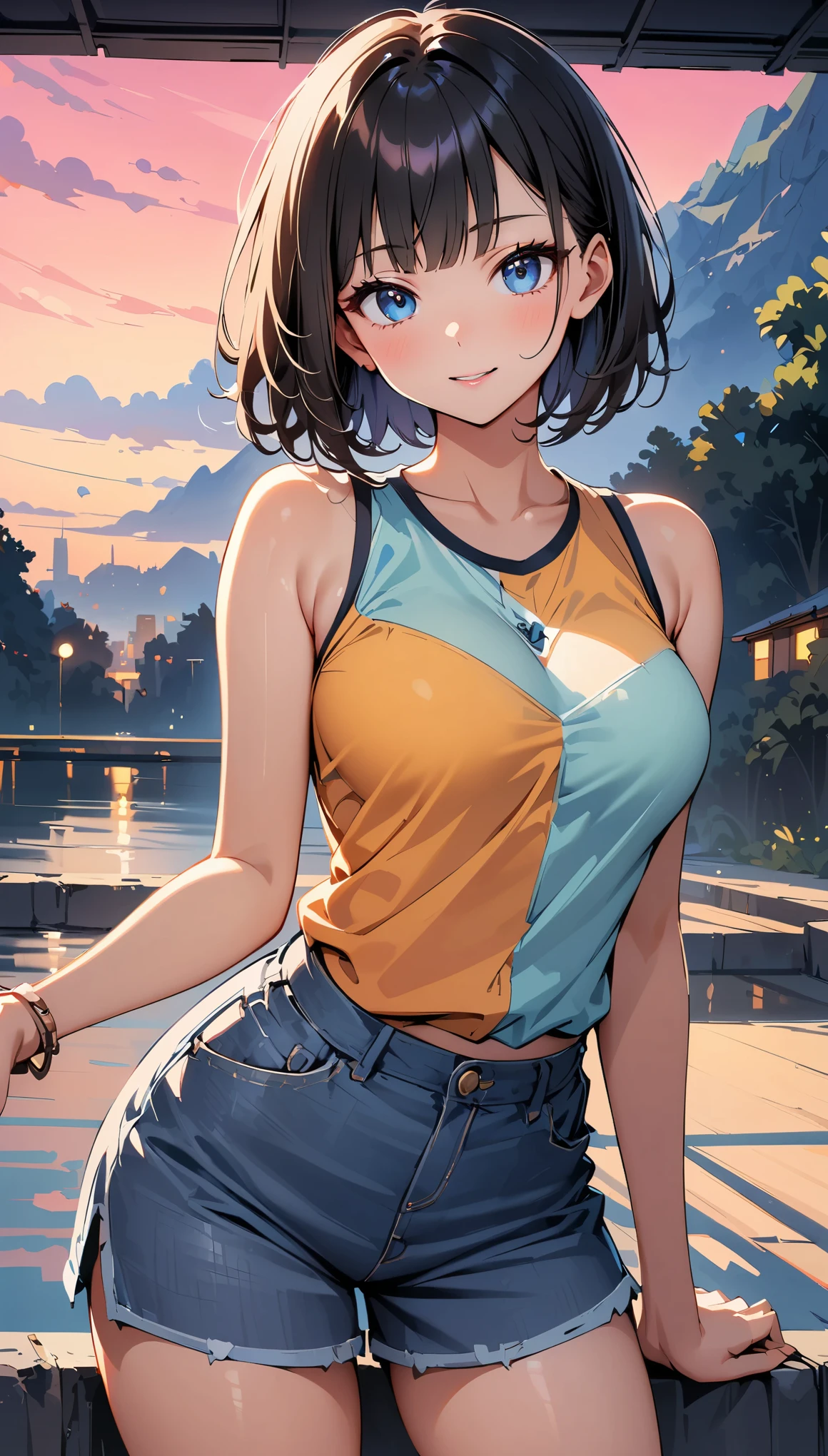(highest quality, 4k, 8K high resolution, masterpiece:1.2), Super detailed, one person, woman, (black hair, short bob, blue eyes), standing pose, sexy atmosphere, attractive breasts, magic hour, ([pastel colour]one piece), Emphasis on individuality and uniqueness, detailed and beautiful eyes, beautiful detailed lips, long eyelashes, bright colors, Photo Spot, in front of a white wall, cowboy shot, Soft and warm color palette.