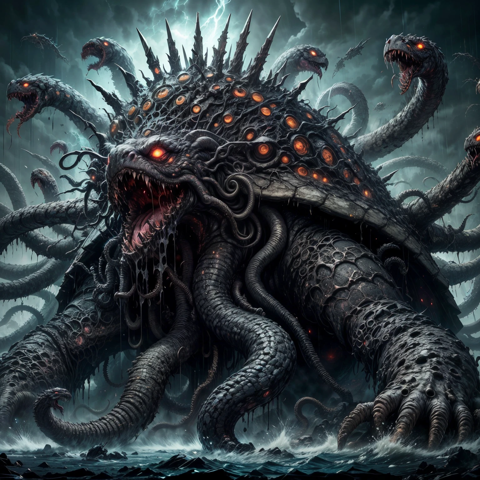 dark soul boss, elden ring style, HP.Lovecraft,Amazing creatures, Creepy abominations, Lots of long, thick tentacles, Countless mouths with sharp teeth, Huge shape, Lots of glowing eyes,spike, Libra,nail, Chimera,Horn, horror,wing,All of these things come together to form the shape of a turtle.、The snake was born from a shell, dark color, Black Energy Mist,Aura of Death, Japanese white-eye snake, Has a giant futuristic laser cannon