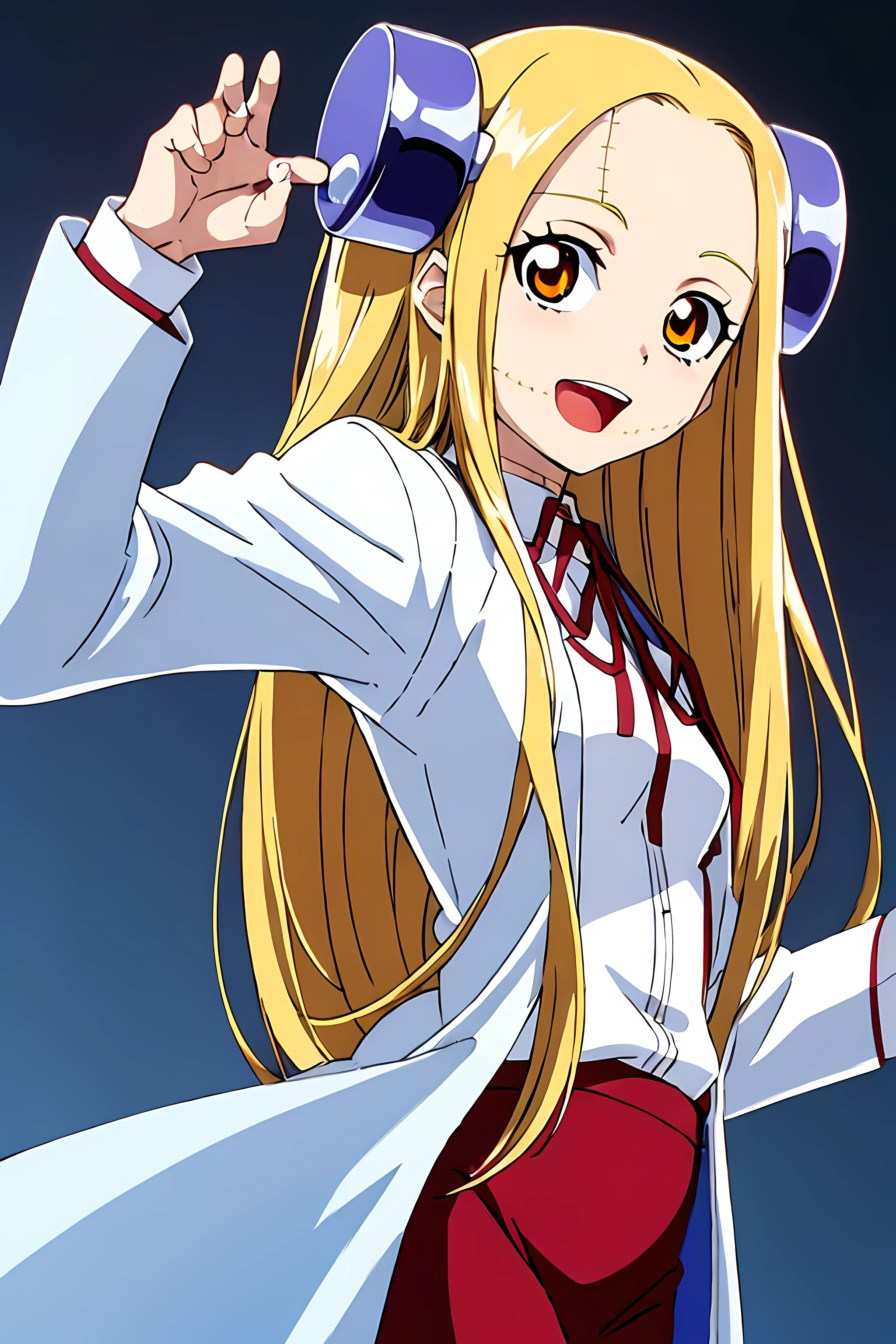 (highest quality:1.3),(ultra-become familiar with:1.5),High resolution,extremely become familiar with CG,unity 8k wallpaper,official art,become familiar with,super become familiar with skin,perfect anatomy,beautiful become familiar with eyes,(anime screenshot:1.11),very delicate and beautiful,(90s anime,90s anime style,cel shaded anime:1.17),1 girl,anmnr,
((madaraki_fran:1.52)),Light blonde long hair,brown eyes,((((wearing a white coat)))),stitch,body scars,creepy look,open mouth smile,