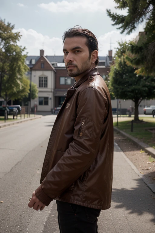 Mann, Portrait of the SKS man (Tevez:1), ernster Blick mit sehr kurzen Haaren, gekleidet mit roter Jacke , (outside:1.2), natural light, 4k, 8k, 8k realistisch, Scharfer Fokus, kompliziert, high resolution