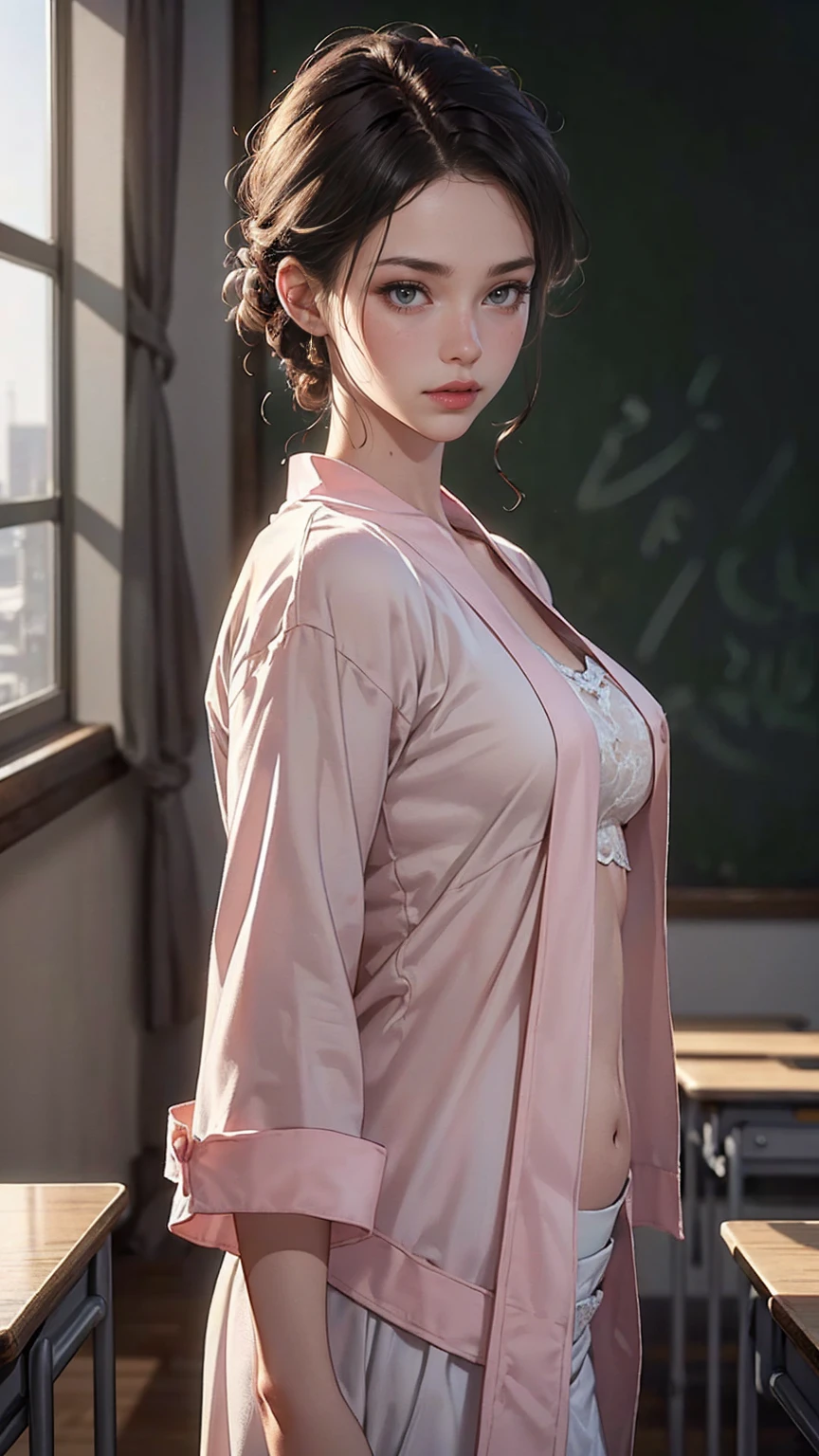 (1 girl:1.3), break, half body shot, Japanese, 17 year old supermodel, thin, high school girl, (From the side), view audience, (highest quality:1.4), 32K resolution, (realistic:1.5), (Super realistic:1.5), High resolution 32k UHD, (masterpiece:1.2)), (Improvement of quality:1.4), (very beautiful facial details), (Highest quality realistic skin texture:1.4), (perfect anatomy:1.2), (Are standing:1.37), Please show me your belly, (((pink , pinkのセーラー服:1.15))), ((pinkのプリーツミニスカート:1.15)), Do not emphasize the top of the bust, ((In the classroom:1.15)), precise fingers, Super detailed, symmetrical eyes, natural makeup, ((A good eye for quality:1.2)), (tired, sleepy and satisfied:0.0), (fine lips:1.33), (fine nose:1.2), ((Physically Based Rendering of the Background:1.37)), bent:1.2, big breasts, (heavy chest:1.1, thin lower body), brown hair, (Choppy Hair:1.37), anxious face, Gentle light shines on face and body。, Spectacular and emotional cinematic lighting
